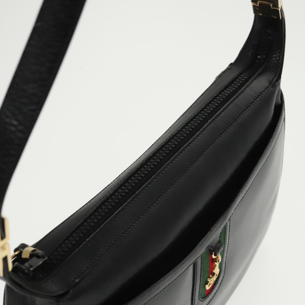 GUCCI Web Sherry Line Shoulder Bag Leather Black Gold Auth ep6727