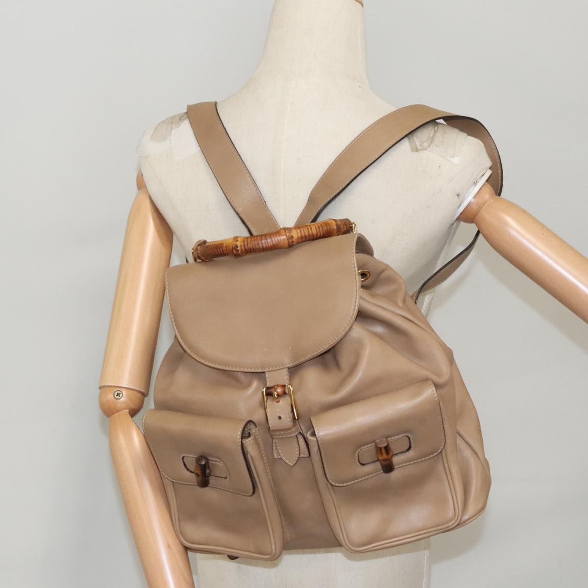 GUCCI Bamboo Backpack Leather Beige 003 1998 0016 Auth ep6742