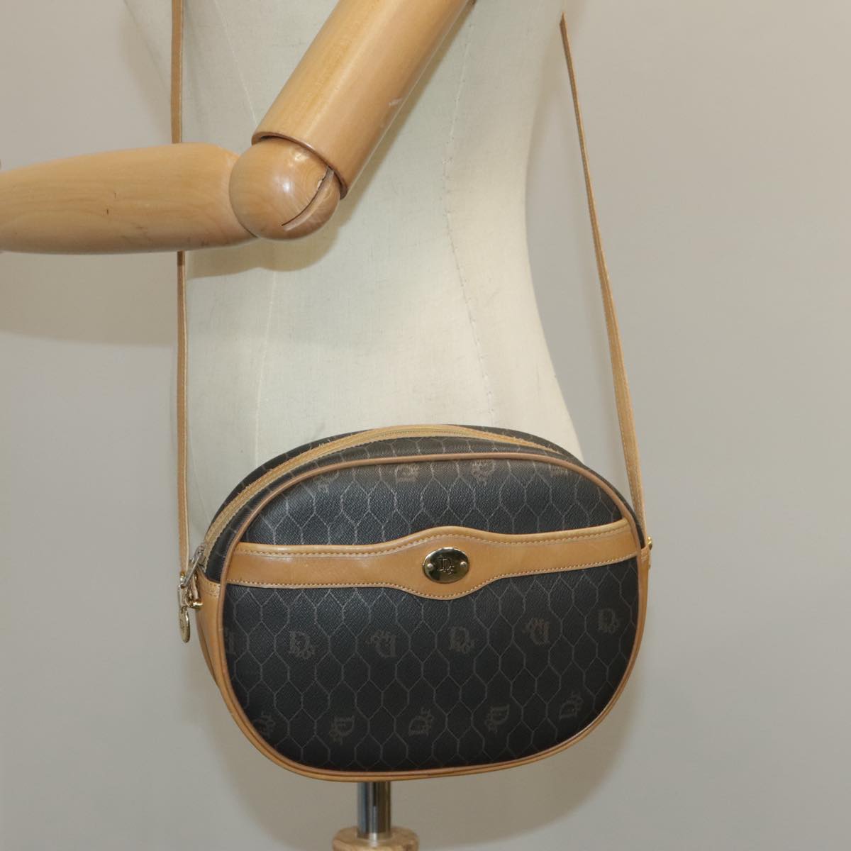 Christian Dior Honeycomb Canvas Shoulder Bag PVC Leather Black Auth ep6767