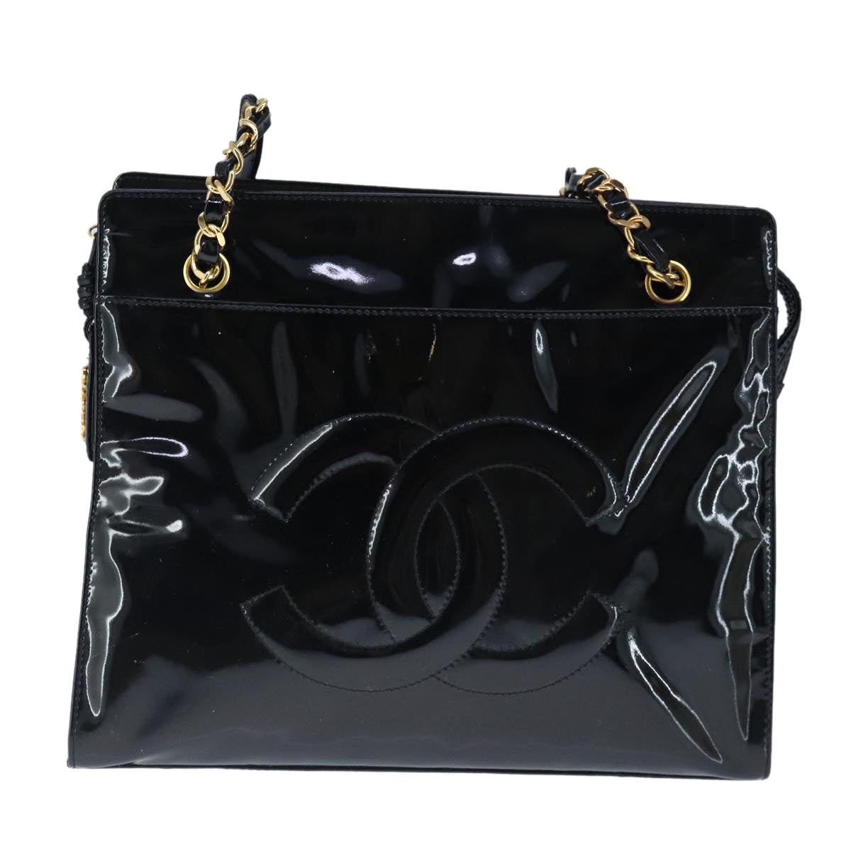 CHANEL Shoulder Bag Patent Leather Black Gold CC Auth ep6788