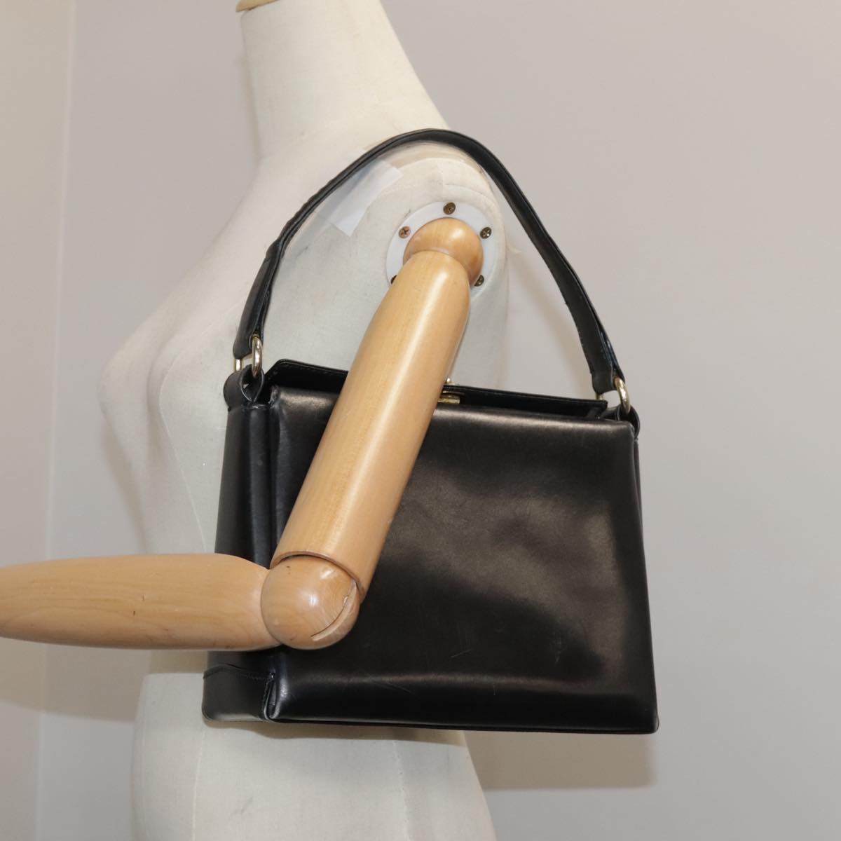 GUCCI Hand Bag Leather Black Gold Auth ep7067