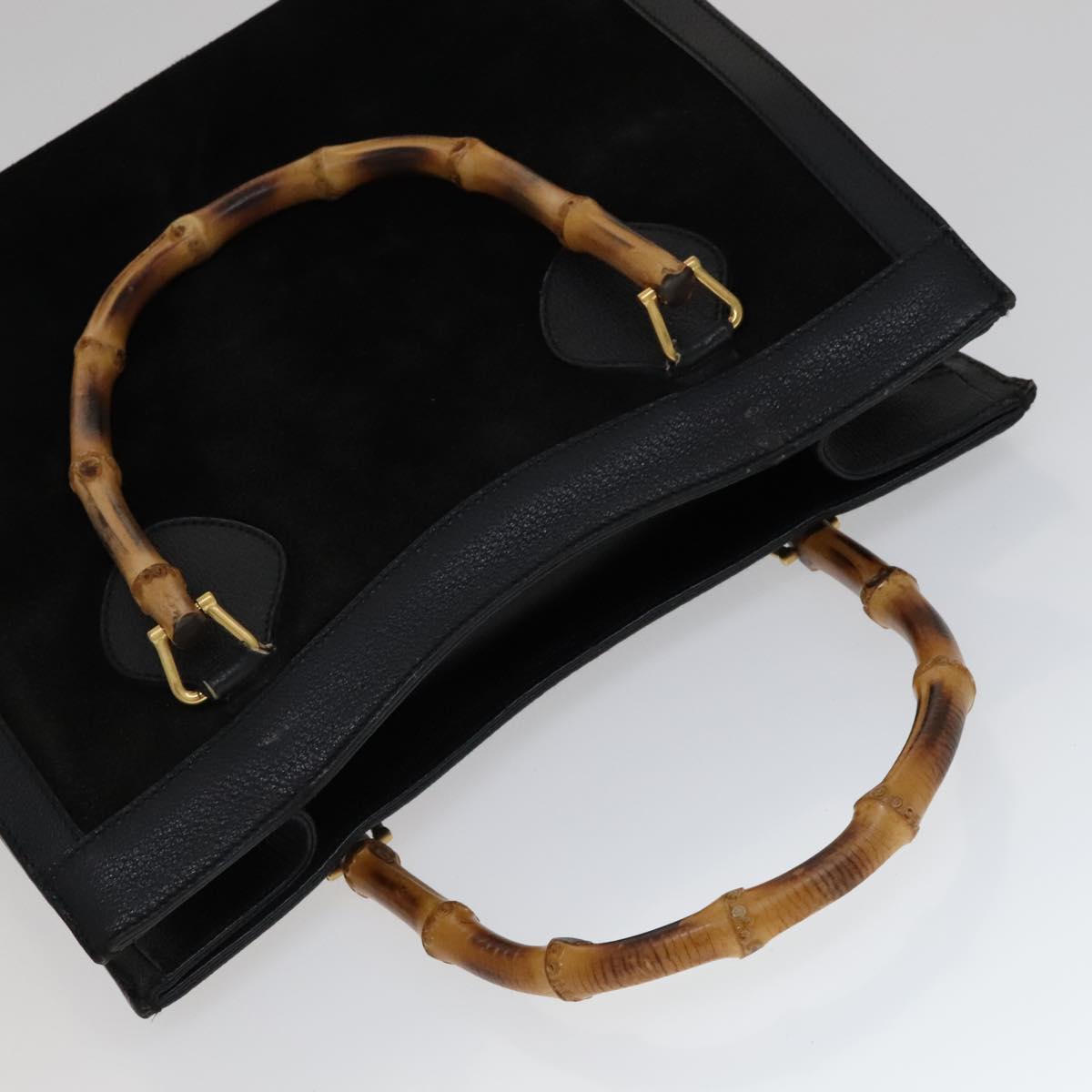 GUCCI Bamboo Hand Bag Leather Suede Black Gold 002 1186 0260 Auth ep7136