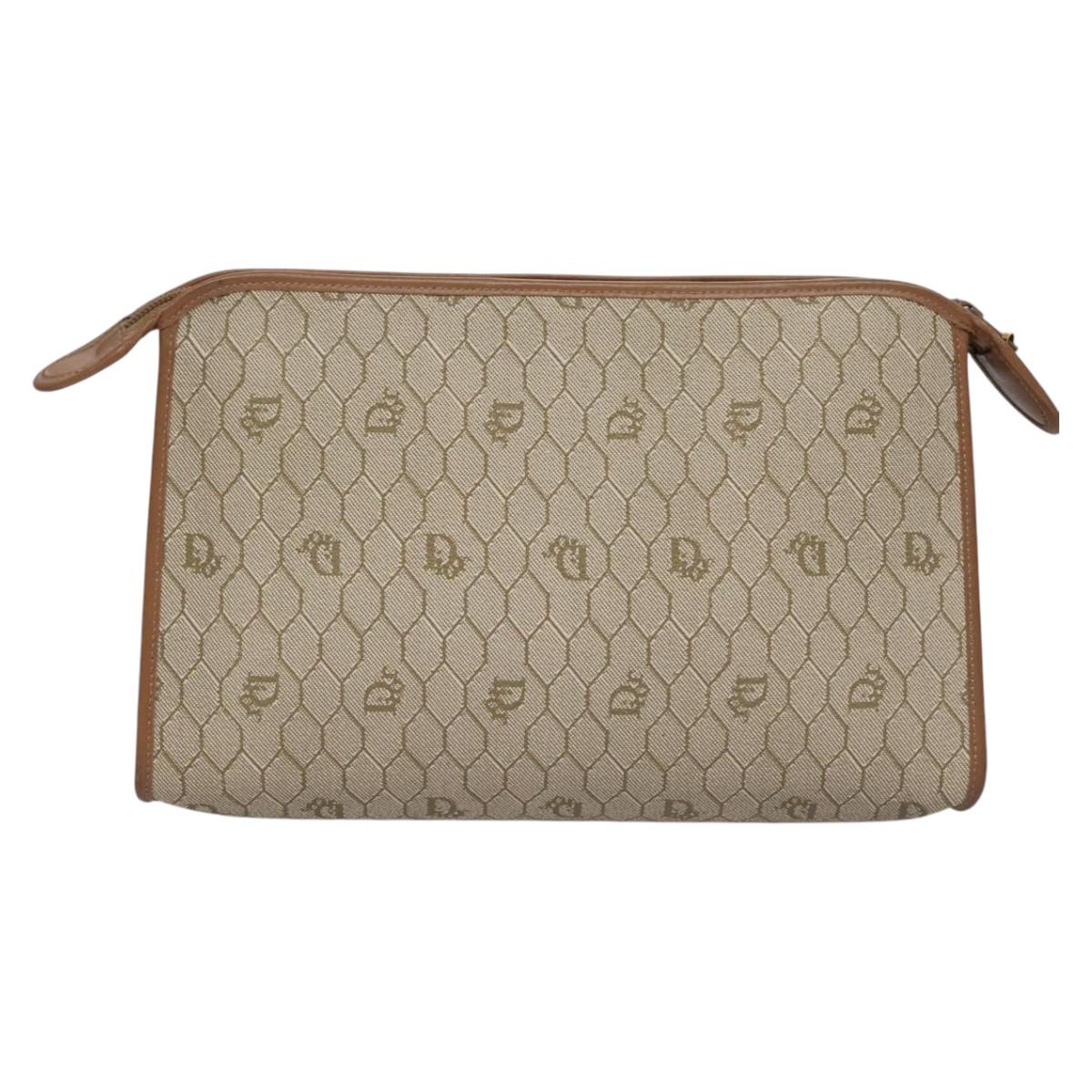 Christian Dior Honeycomb Canvas Clutch Bag PVC Leather Beige Gold Auth ep7407