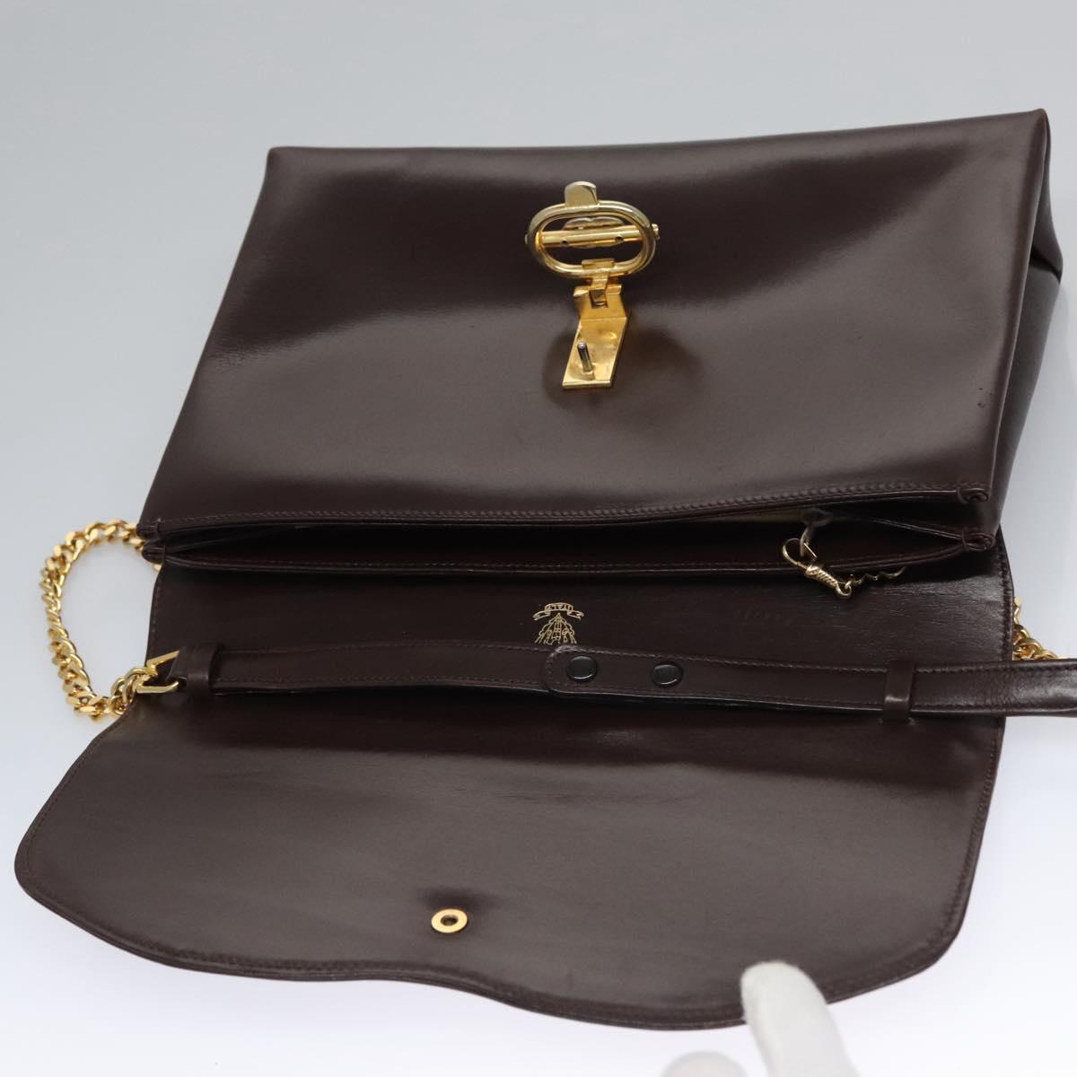 GUCCI Chain Shoulder Bag Leather Brown Gold Auth ep7469