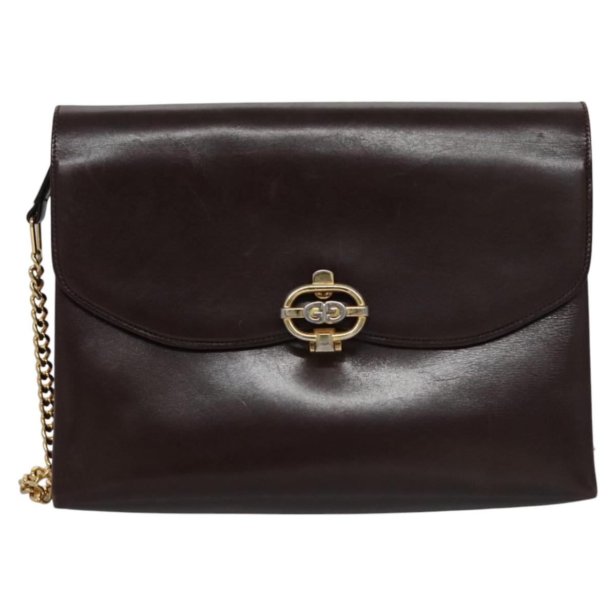 GUCCI Chain Shoulder Bag Leather Brown Gold Auth ep7469