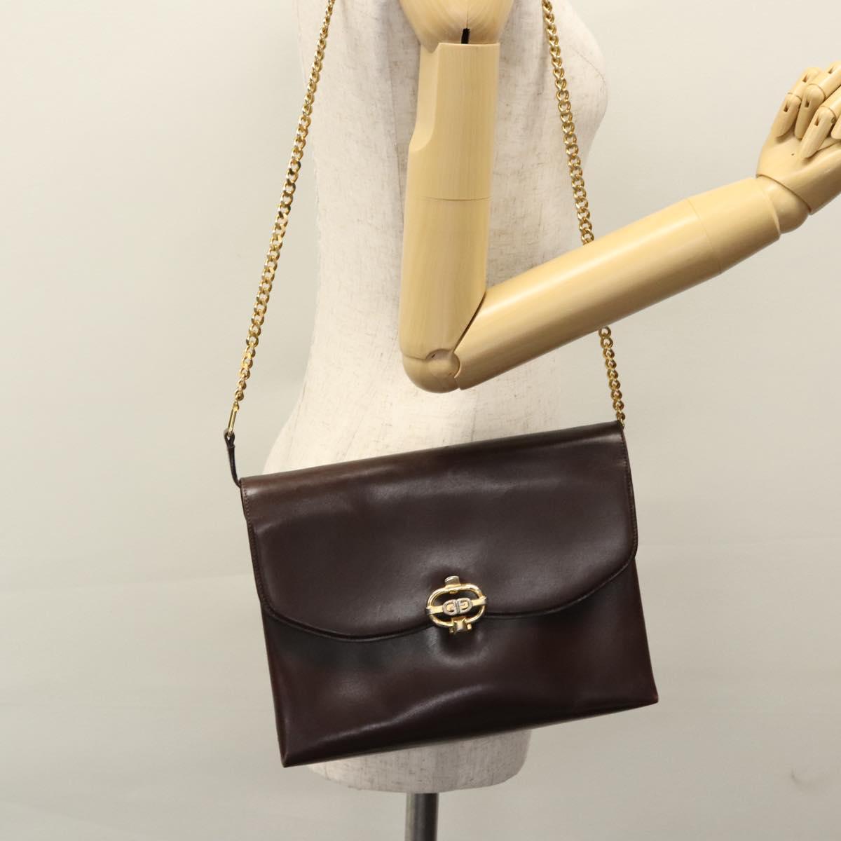 GUCCI Chain Shoulder Bag Leather Brown Gold Auth ep7469