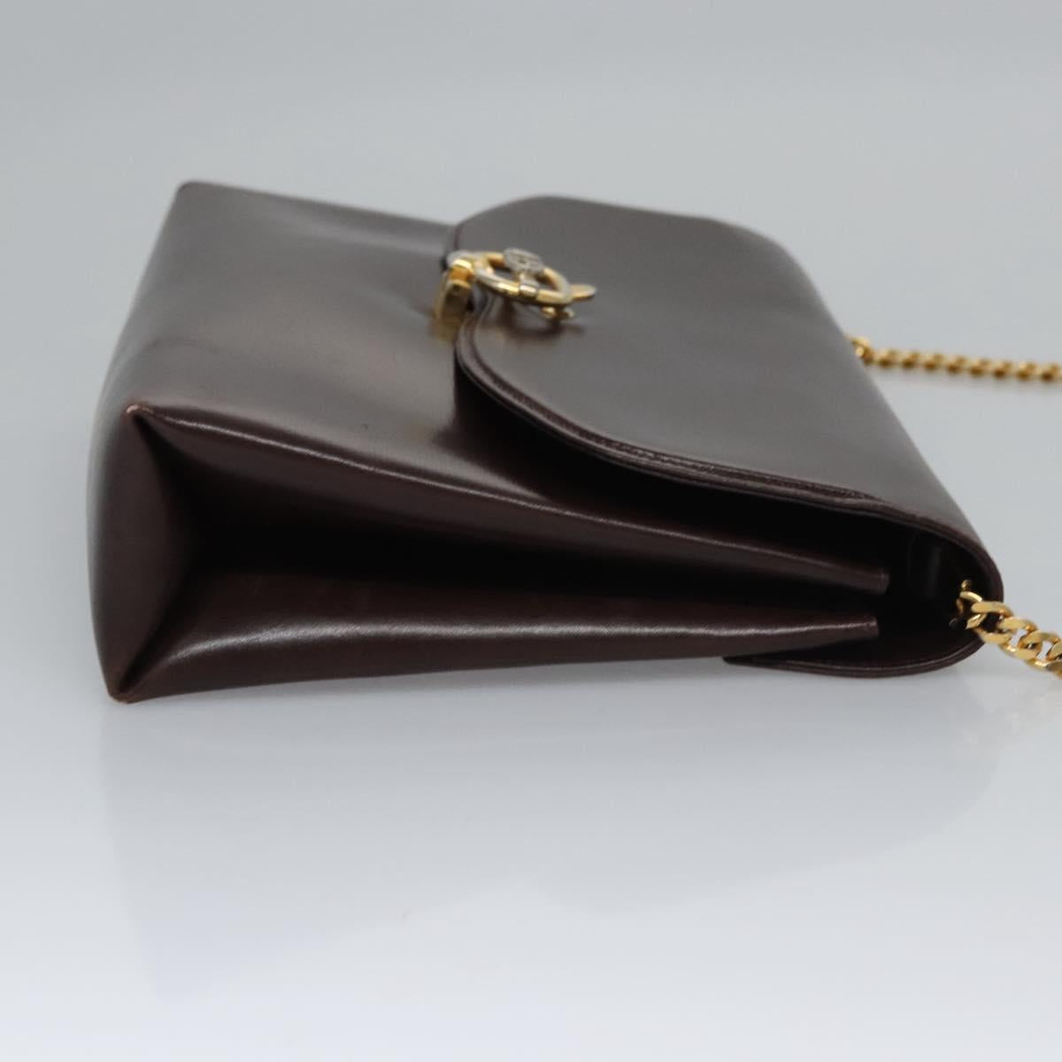 GUCCI Chain Shoulder Bag Leather Brown Gold Auth ep7469
