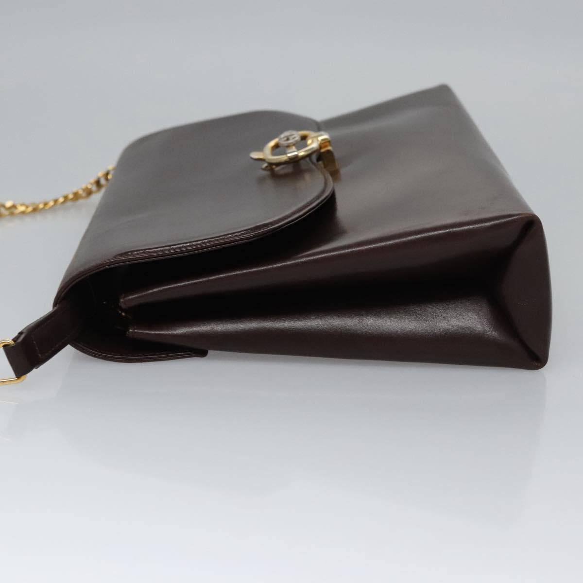 GUCCI Chain Shoulder Bag Leather Brown Gold Auth ep7469