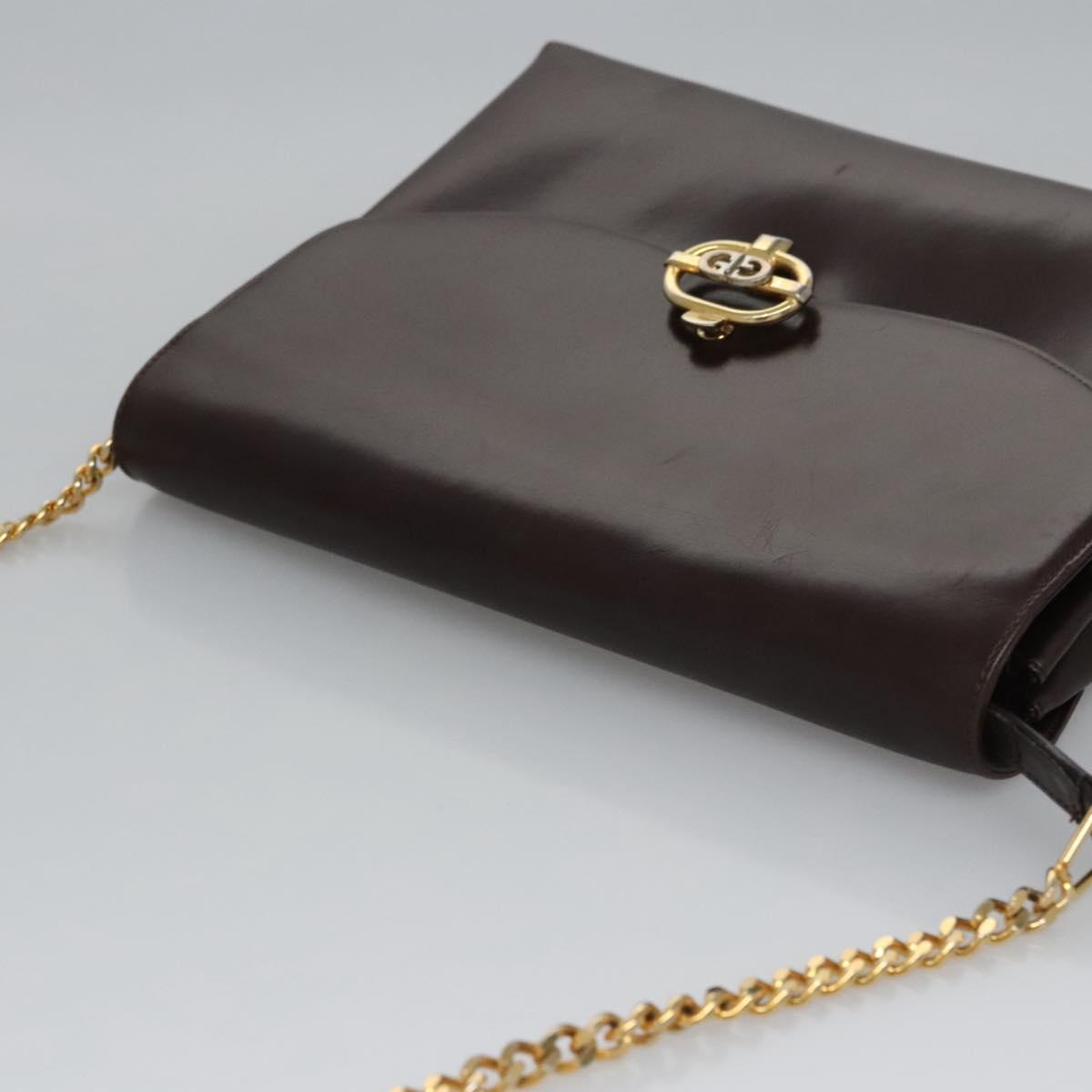 GUCCI Chain Shoulder Bag Leather Brown Gold Auth ep7469