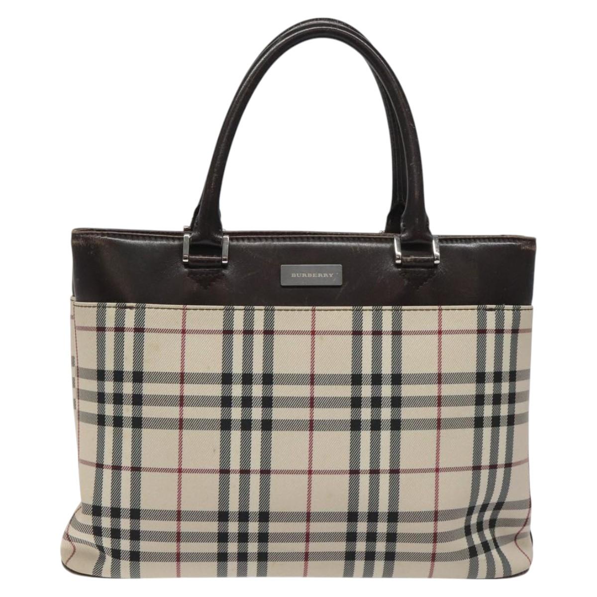 BURBERRY Nova Check Hand Bag Nylon Beige Dark Brown Silver Auth ep7479