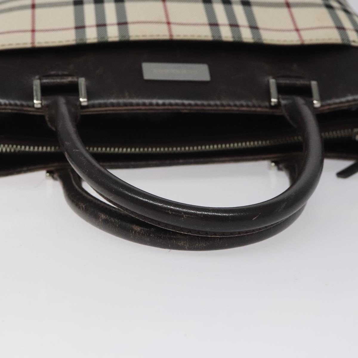 BURBERRY Nova Check Hand Bag Nylon Beige Dark Brown Silver Auth ep7479