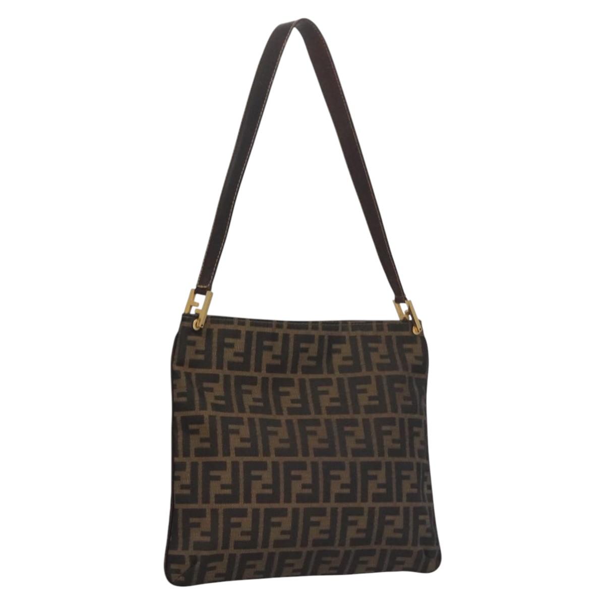FENDI Zucca Canvas Shoulder Bag Brown Black gold Auth ep7509