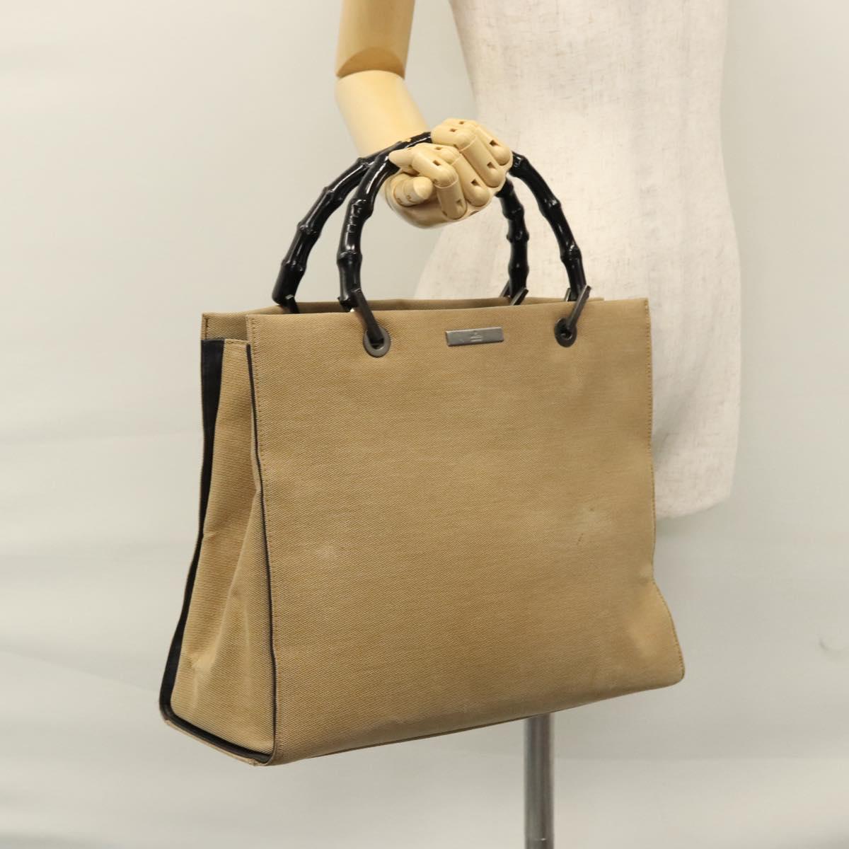 GUCCI Bamboo Hand Bag Canvas Beige Black 002 1010 Auth ep7583