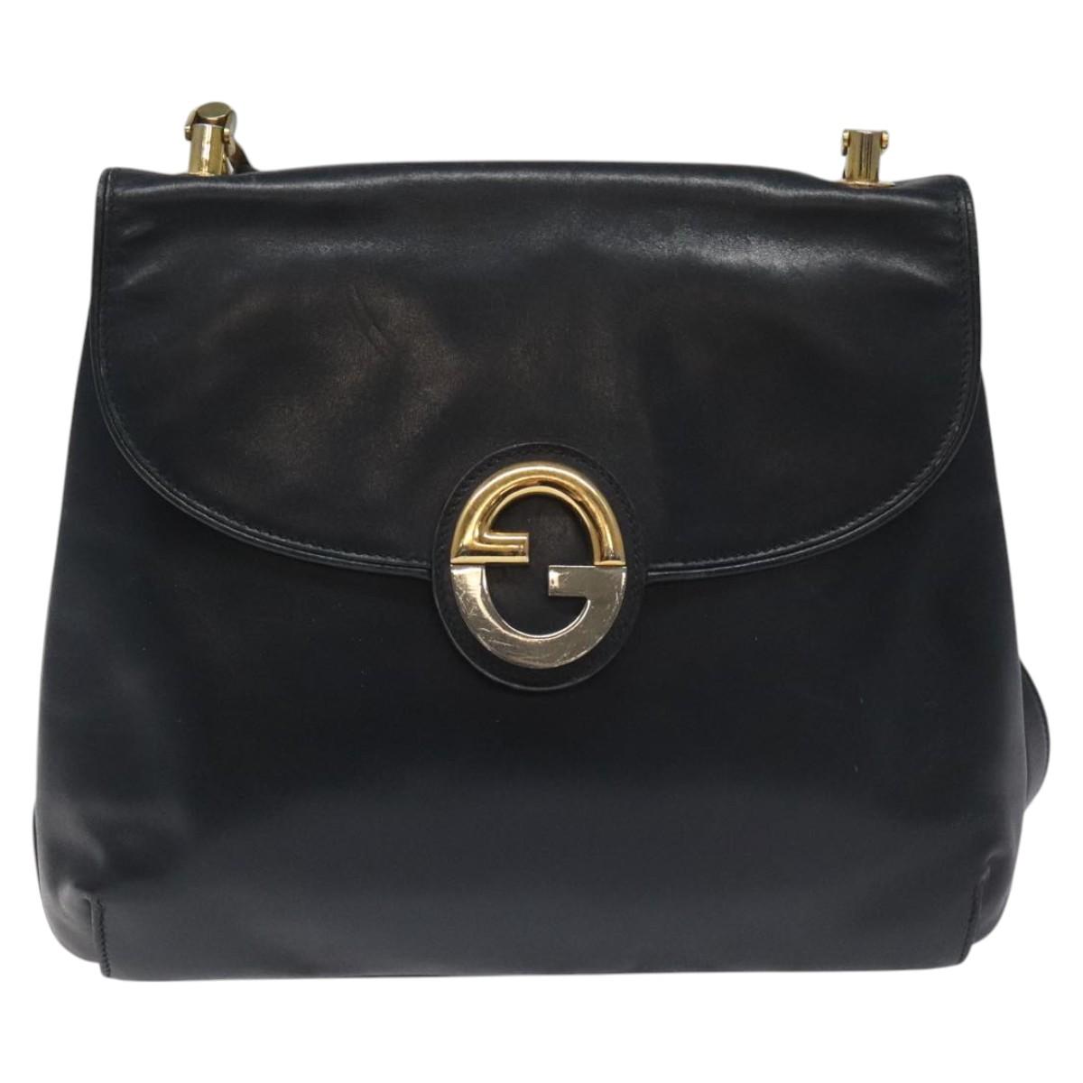 GUCCI Shoulder Bag Leather Navy Gold Auth ep7619
