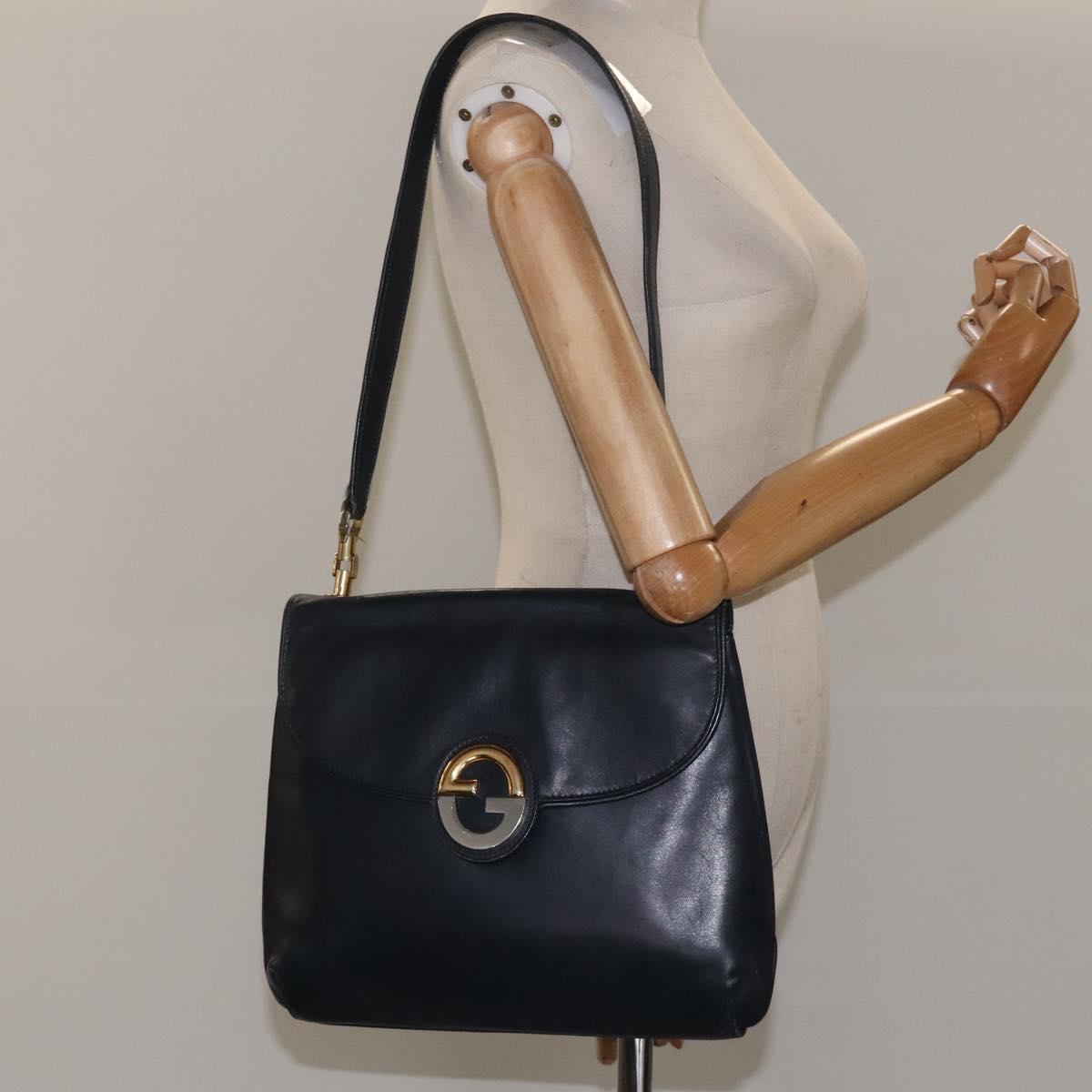 GUCCI Shoulder Bag Leather Navy Gold Auth ep7619