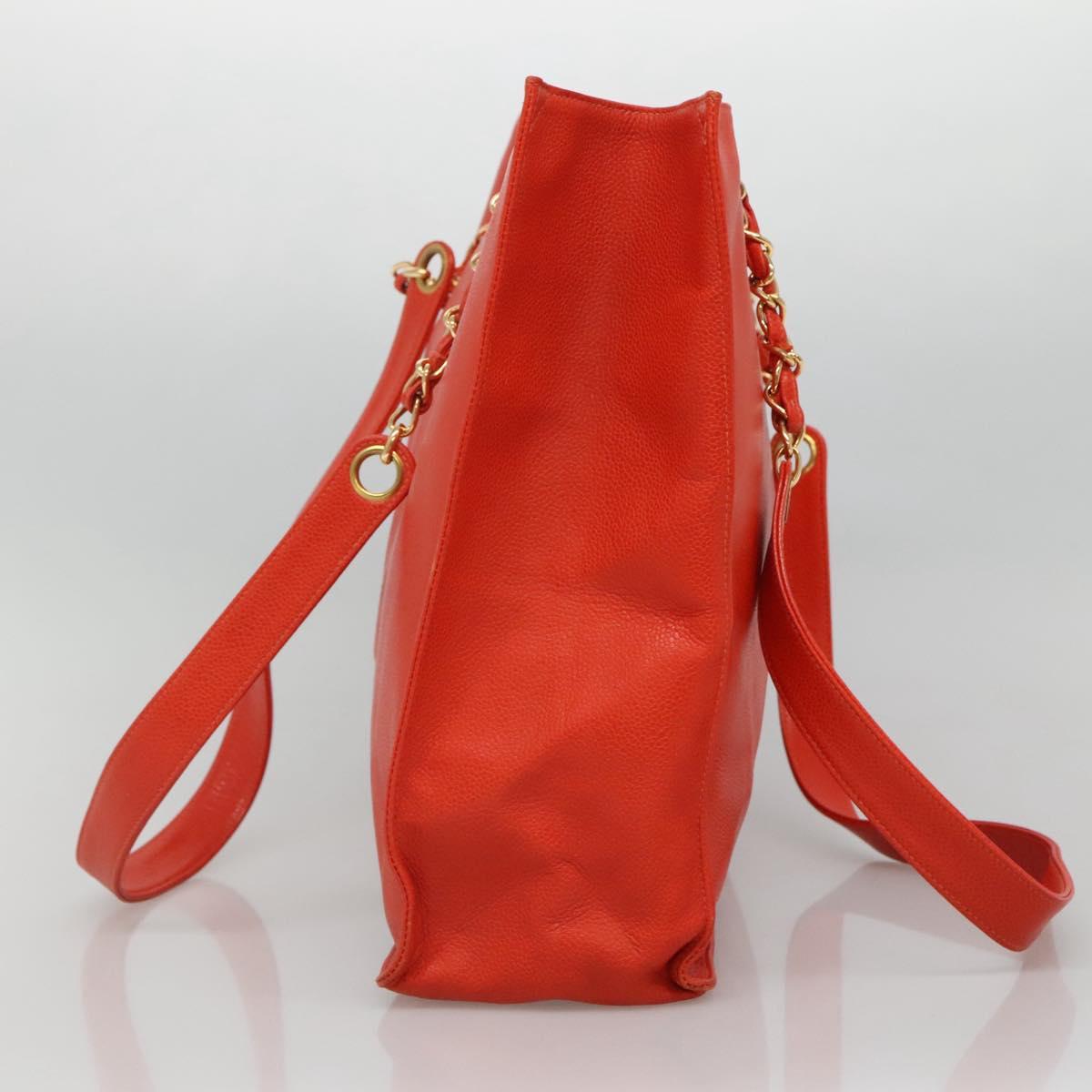CHANEL Chain Tote Bag Caviar Skin Orange Gold CC Auth ep7741