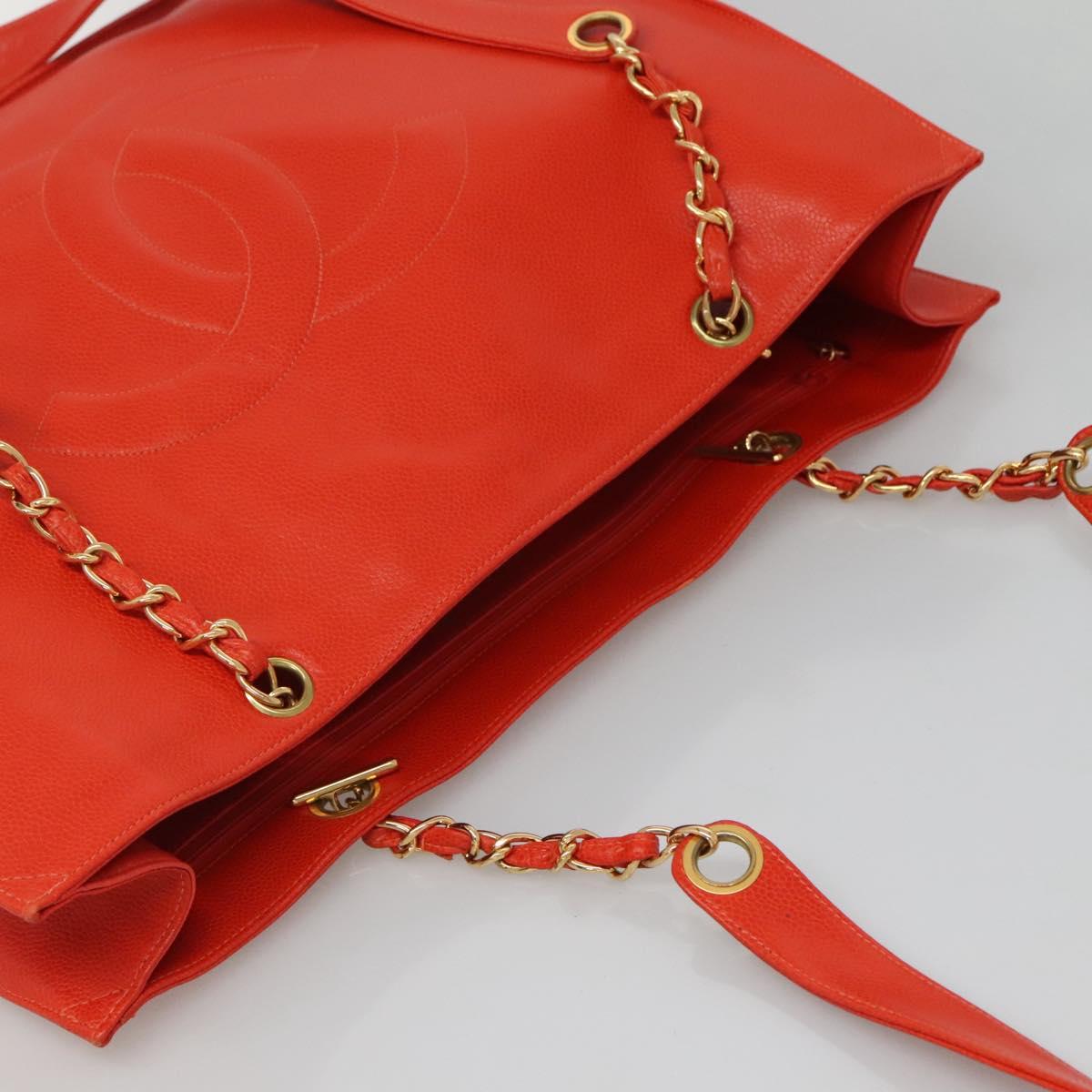 CHANEL Chain Tote Bag Caviar Skin Orange Gold CC Auth ep7741