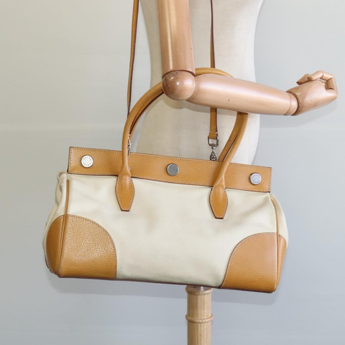 PRADA 2way Hand Bag Canvas Leather Beige Silver Auth ep7760