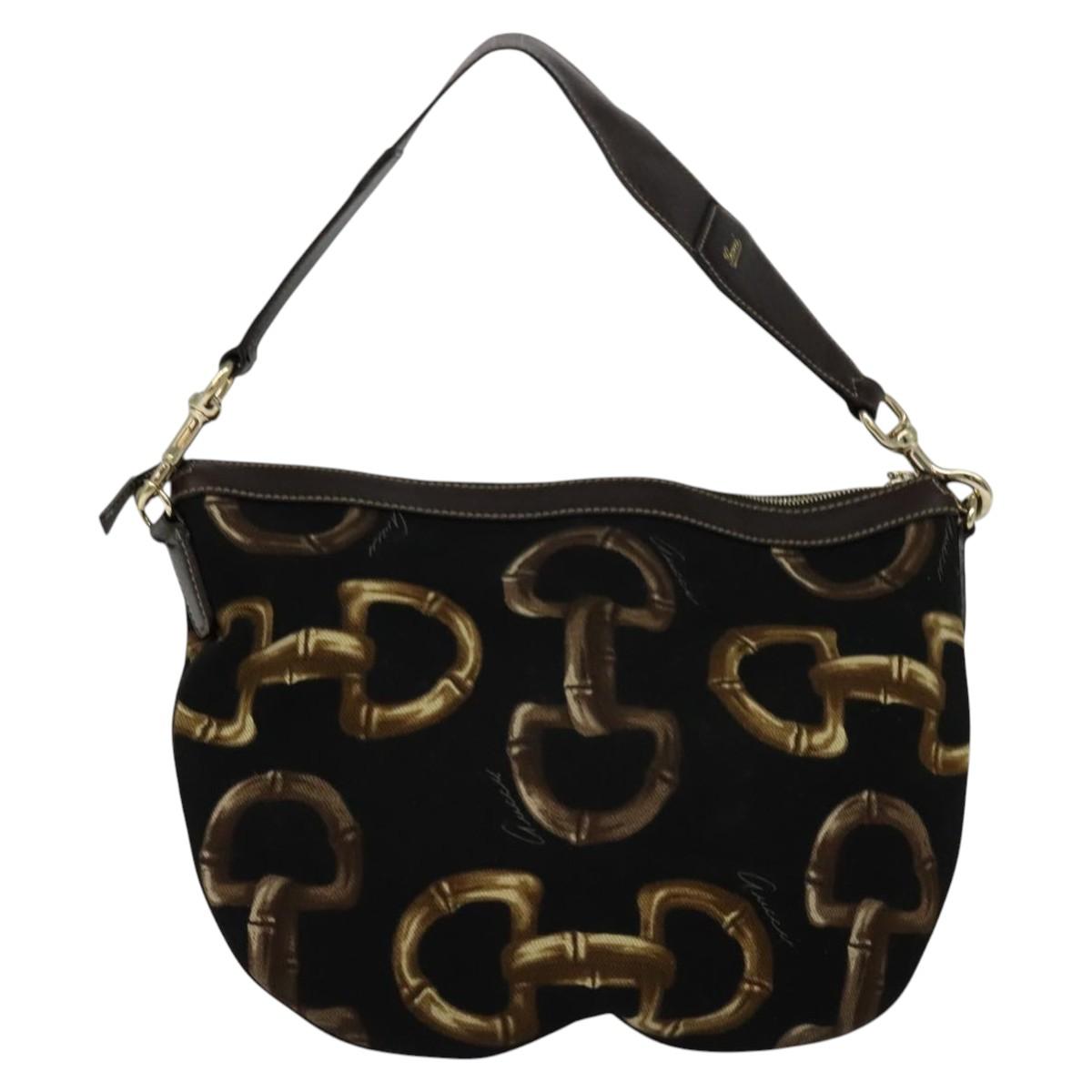 GUCCI Horsebit Shoulder Bag Canvas Black 153032 Auth ep7880