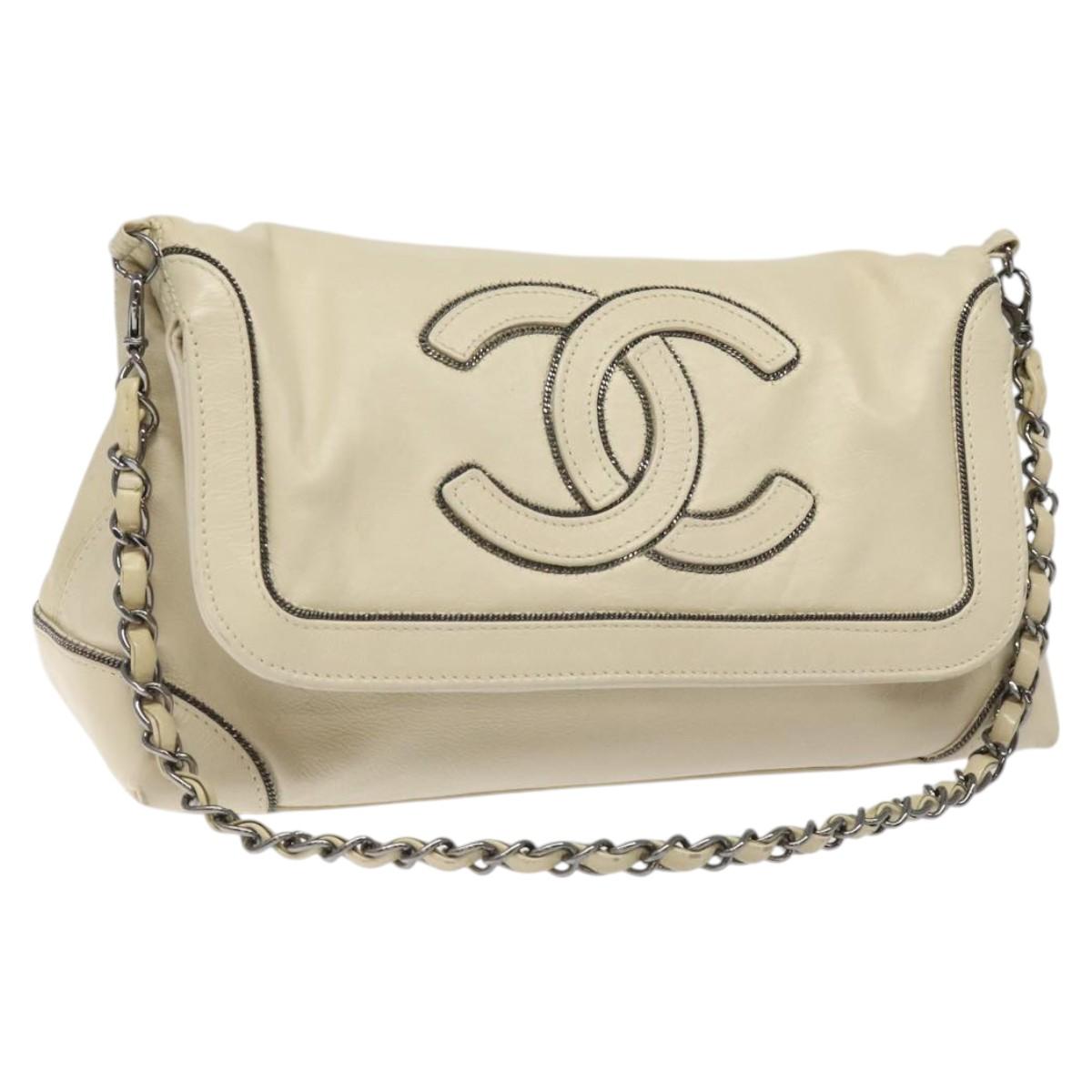 CHANEL Chain Hand Bag Leather White Silver CC Auth ep8399