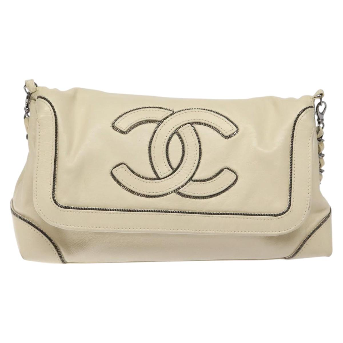 CHANEL Chain Hand Bag Leather White Silver CC Auth ep8399