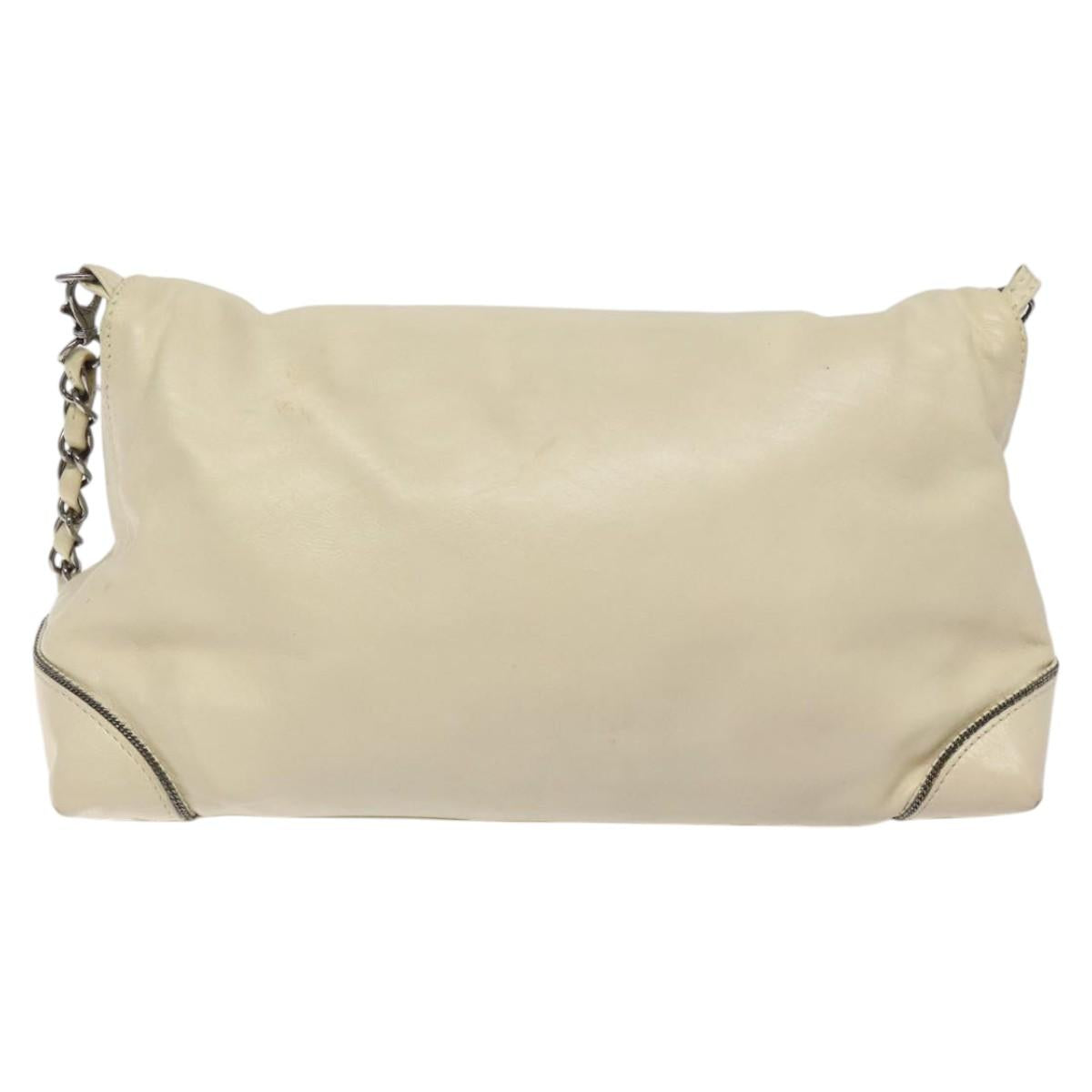 CHANEL Chain Hand Bag Leather White Silver CC Auth ep8399