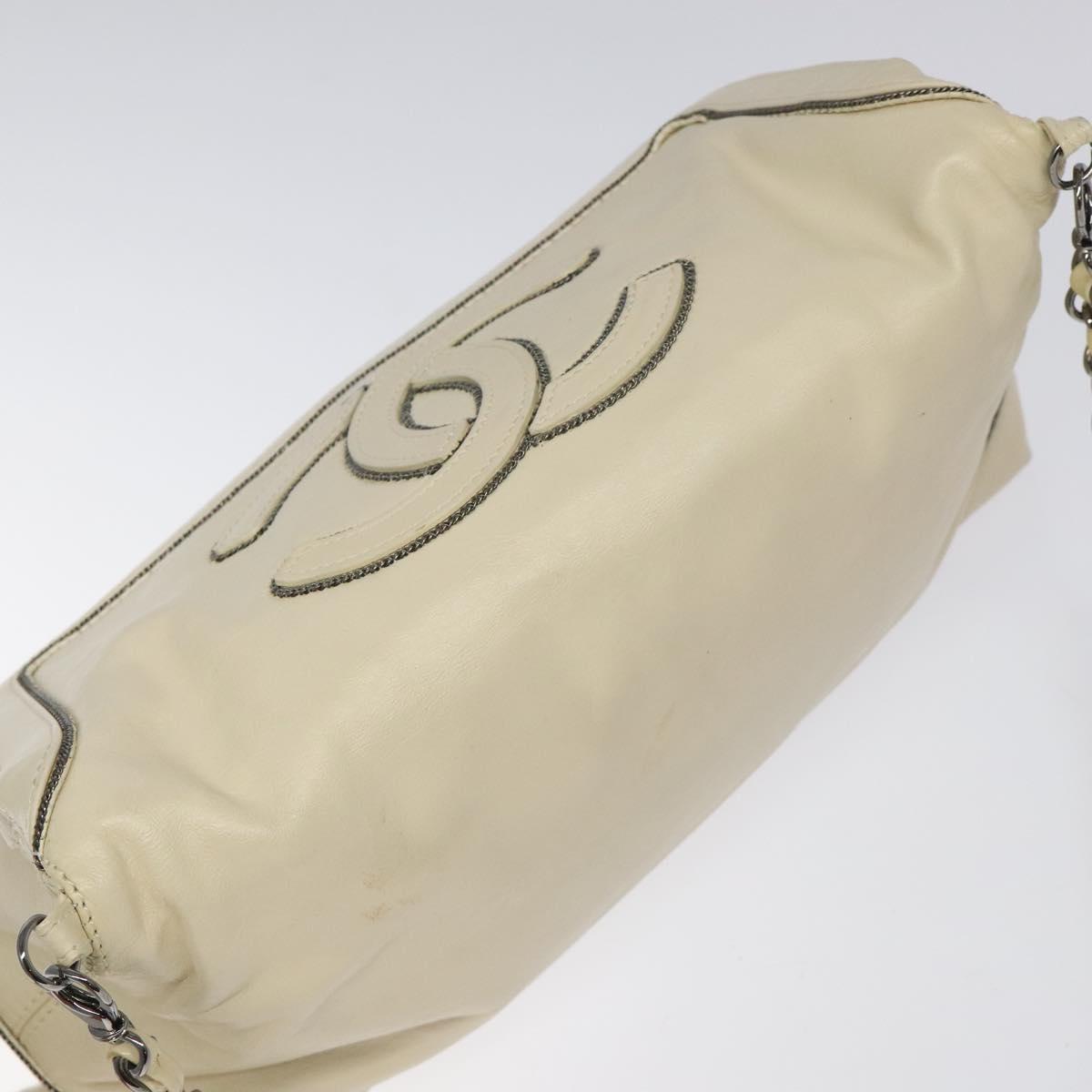 CHANEL Chain Hand Bag Leather White Silver CC Auth ep8399