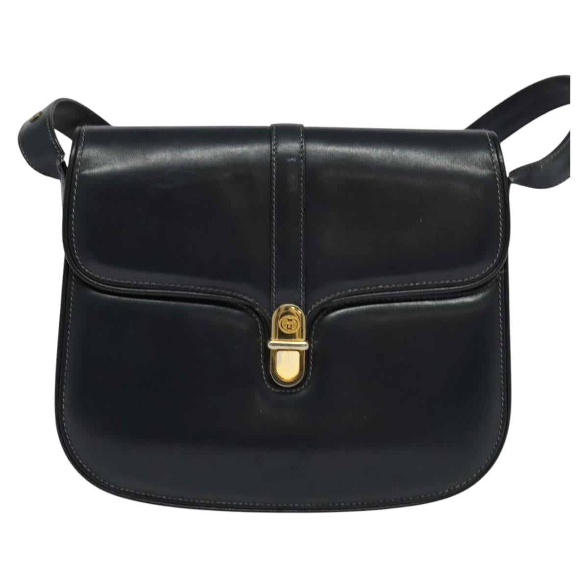 GUCCI Shoulder Bag Leather Navy Gold Auth ep8402