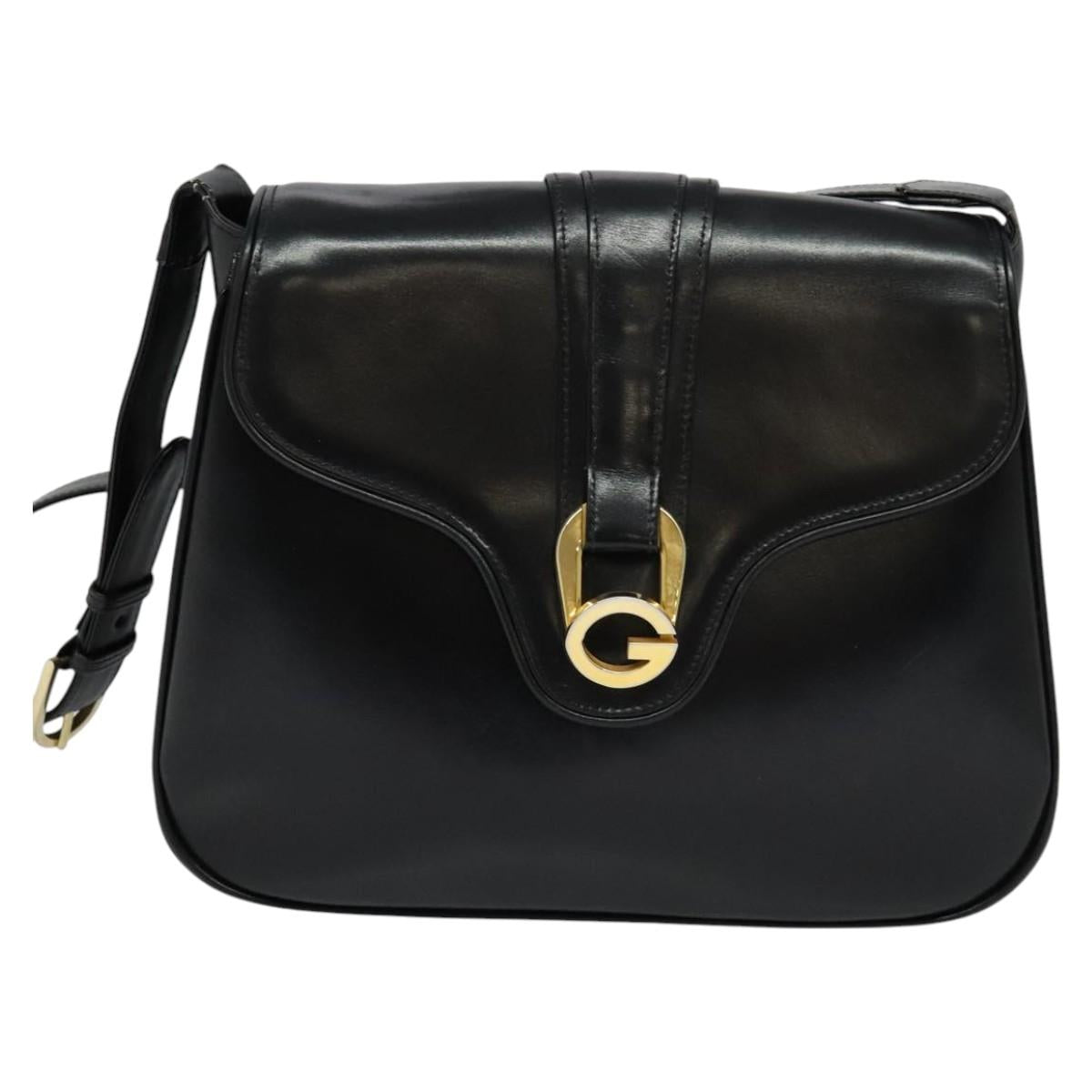 GUCCI Shoulder Bag Leather Black Gold Auth ep8475