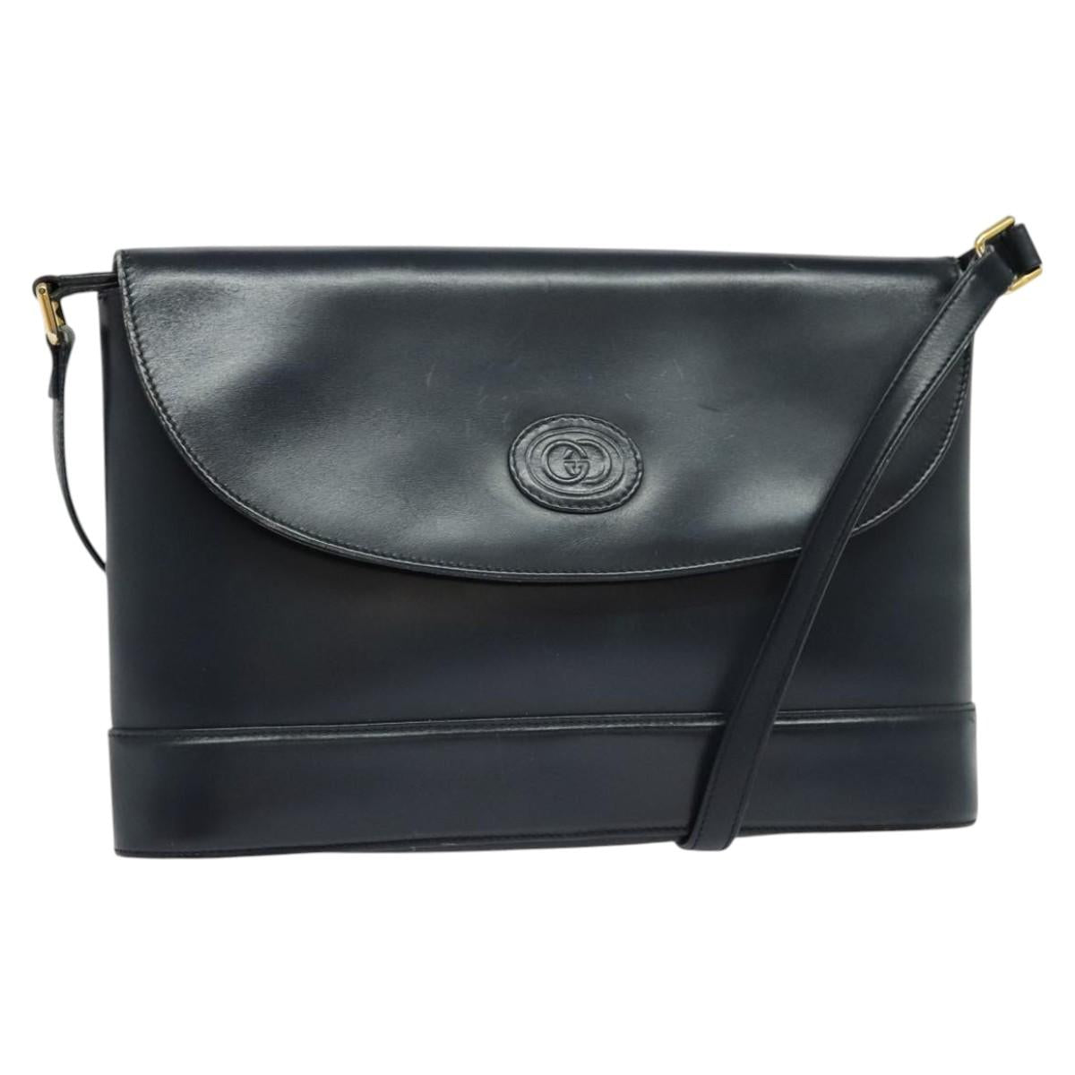 GUCCI Shoulder Bag Leather Navy Gold Auth ep8557