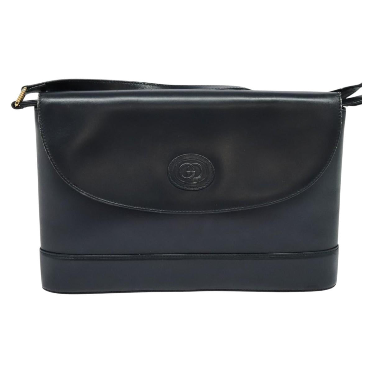 GUCCI Shoulder Bag Leather Navy Gold Auth ep8557