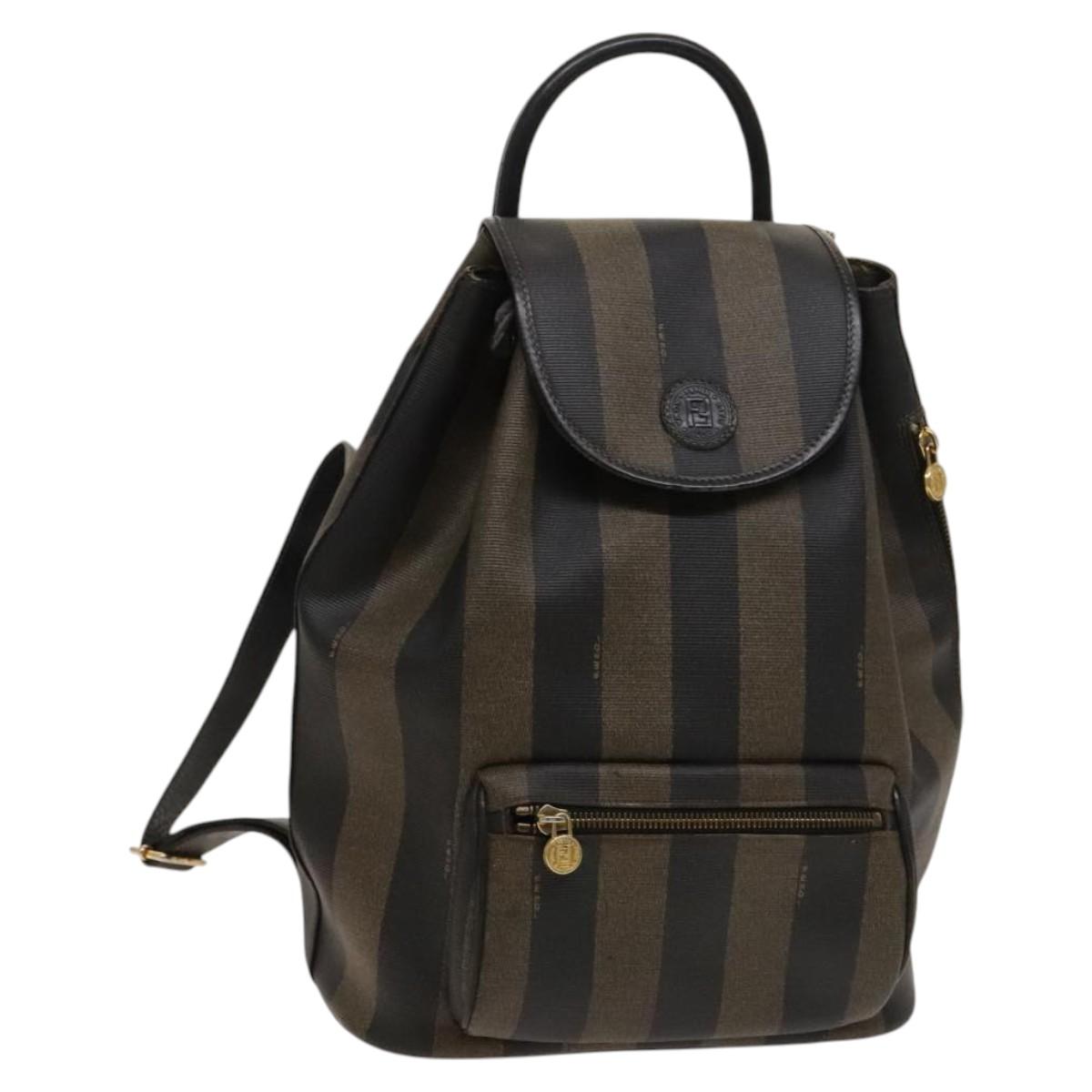 FENDI Pecan Canvas Backpack Brown Black gold Auth ep8678