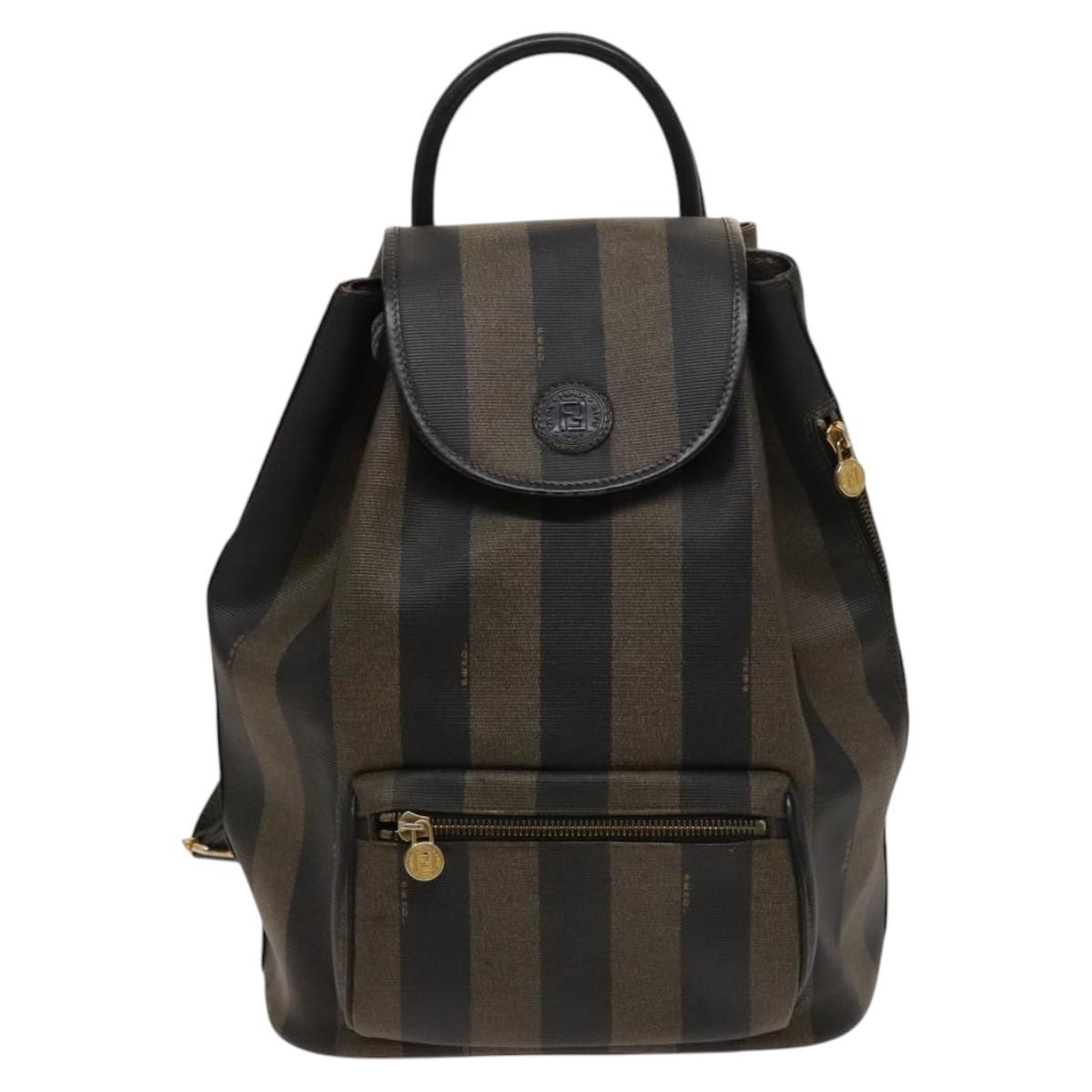 FENDI Pecan Canvas Backpack Brown Black gold Auth ep8678