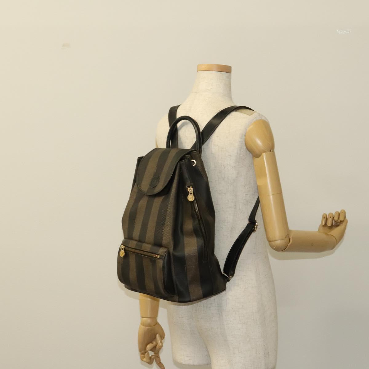 FENDI Pecan Canvas Backpack Brown Black gold Auth ep8678