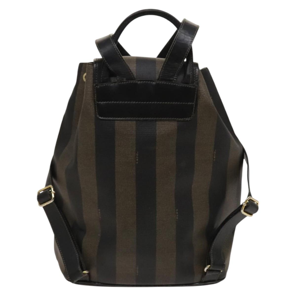 FENDI Pecan Canvas Backpack Brown Black gold Auth ep8678