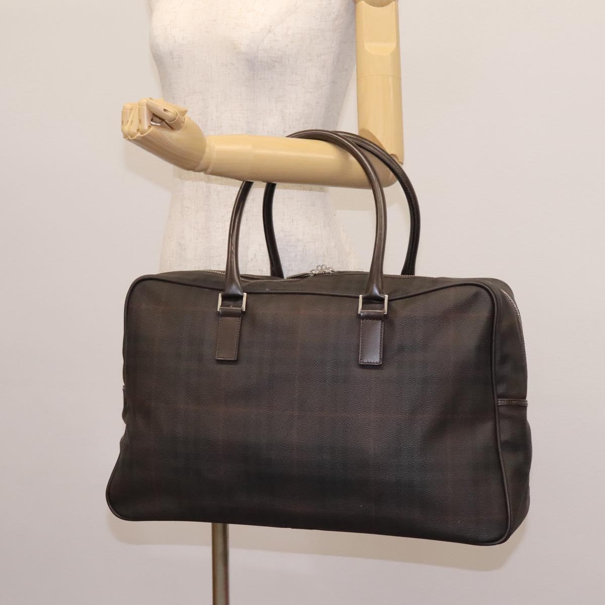 BURBERRY Nova Check Boston Bag PVC Leather Brown Silver Auth ep8729