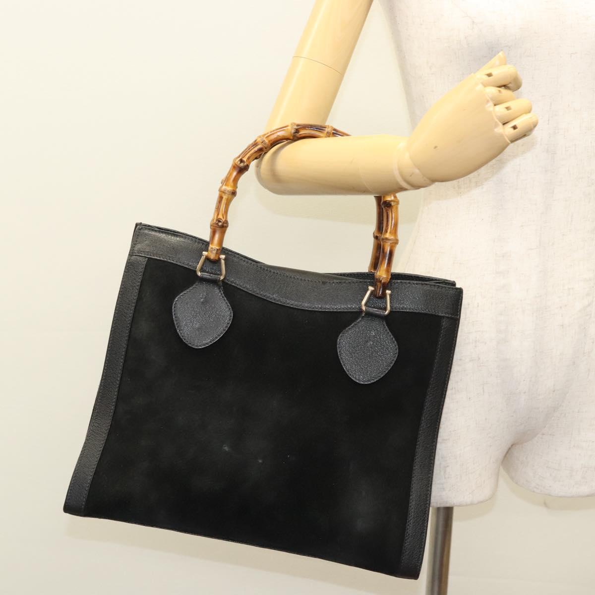 GUCCI Bamboo Hand Bag Suede Black Gold 002 0260 Auth ep8789