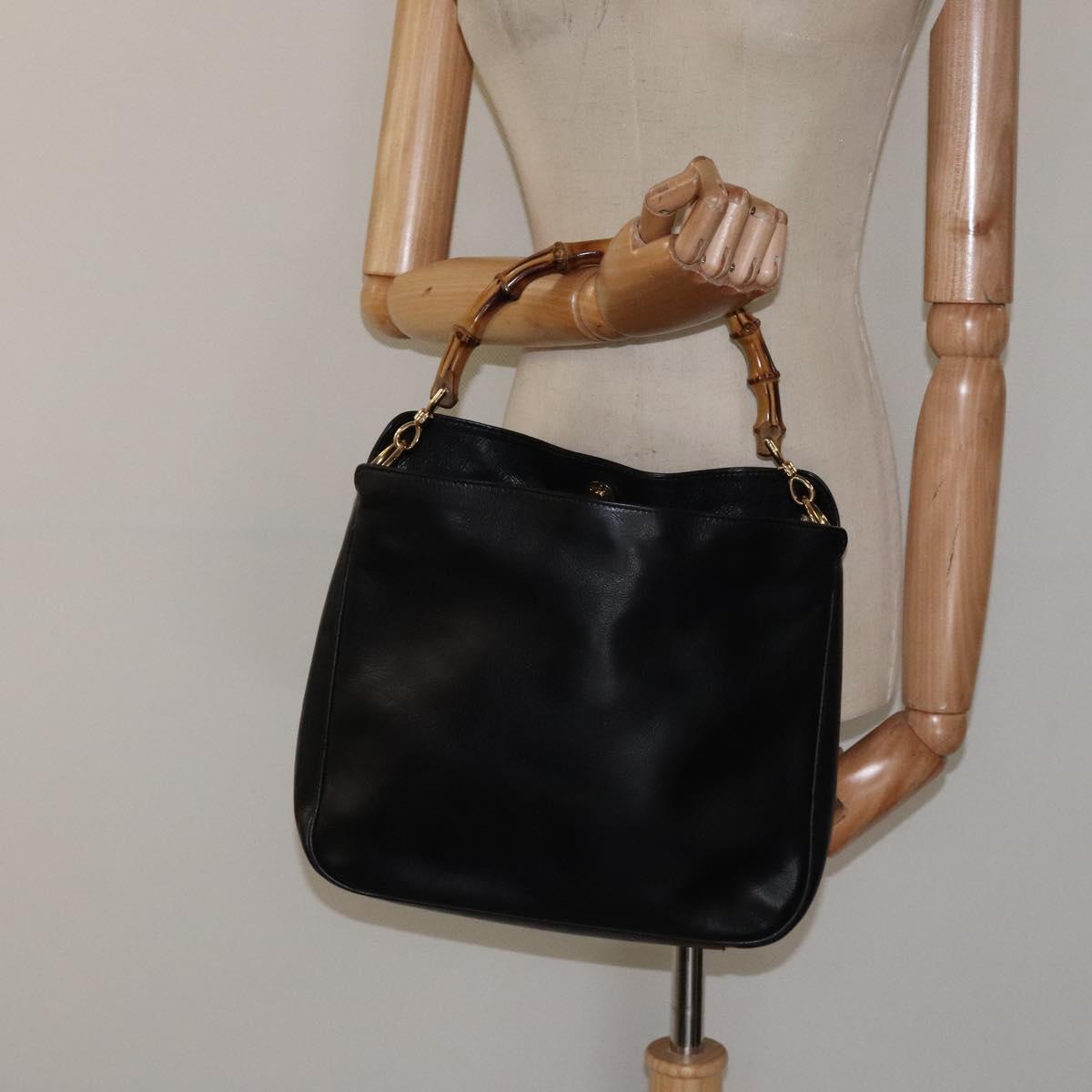 GUCCI Bamboo Hand Bag Leather Black Gold 001 1998 1638 Auth ep8846
