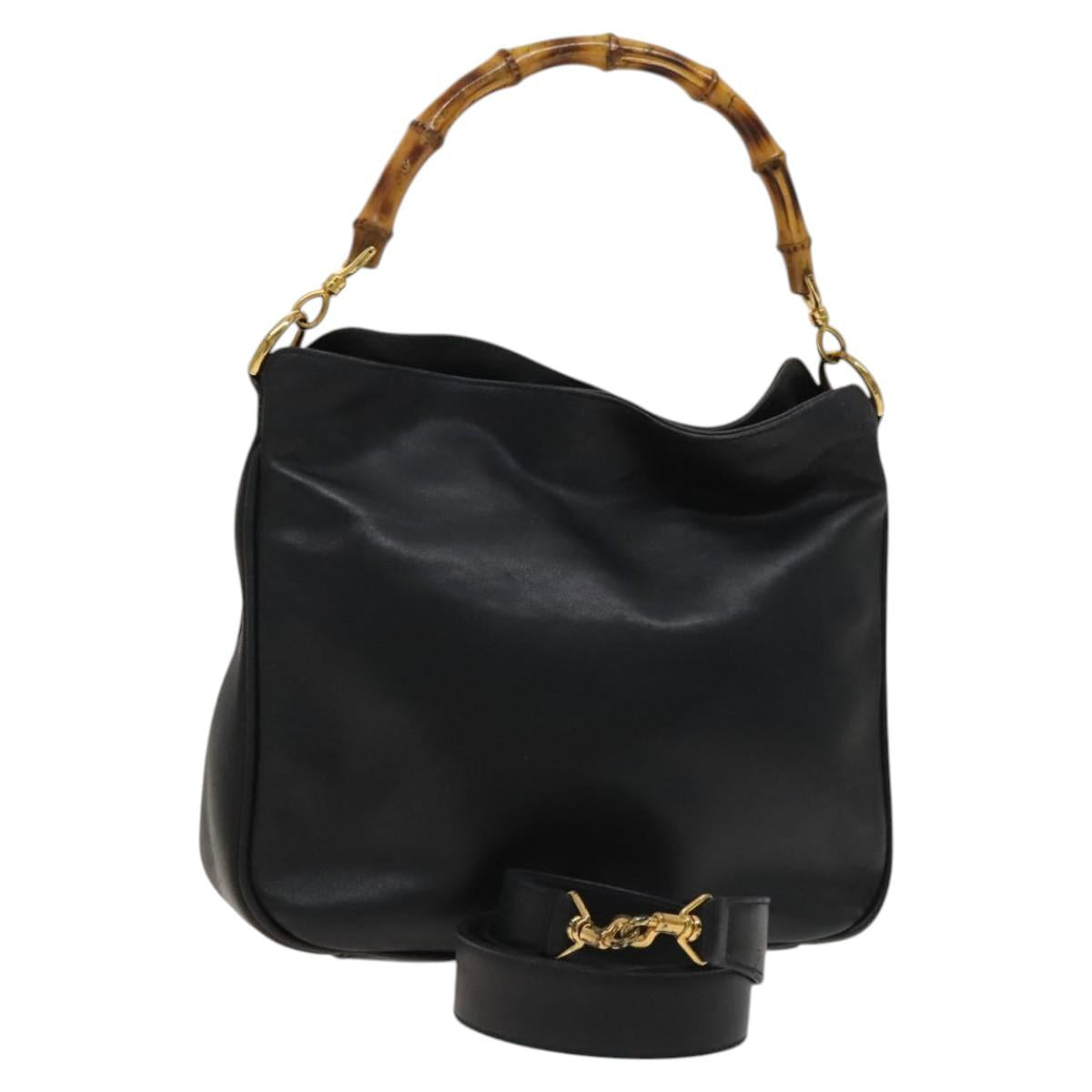GUCCI Bamboo Hand Bag Leather 2way Black Gold Auth ep8885