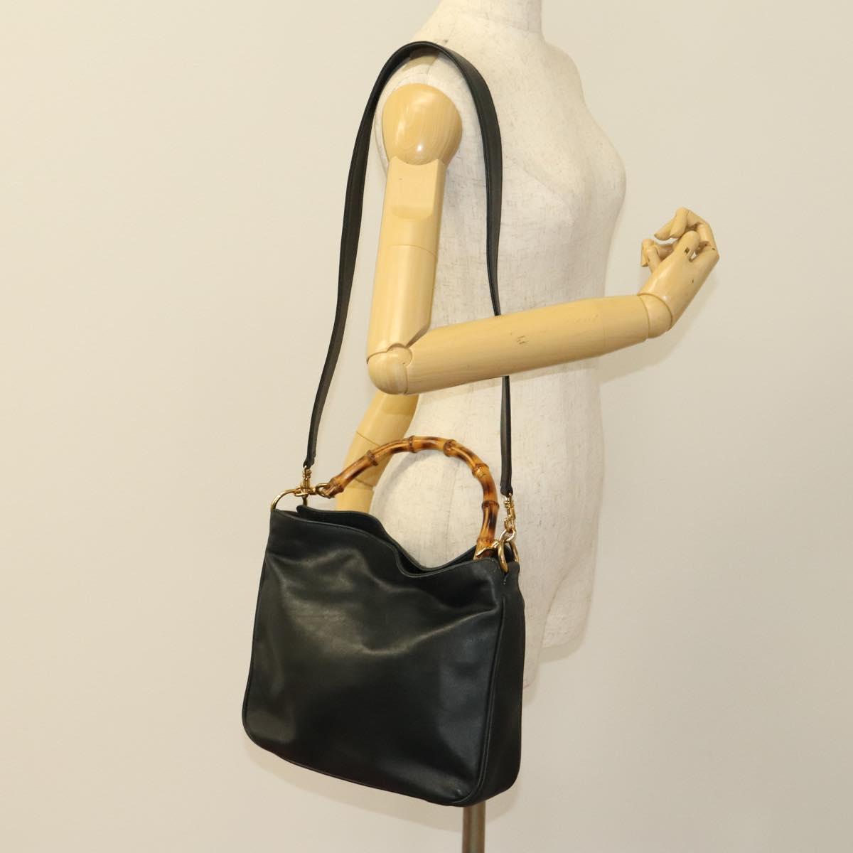 GUCCI Bamboo Hand Bag Leather 2way Black Gold Auth ep8885