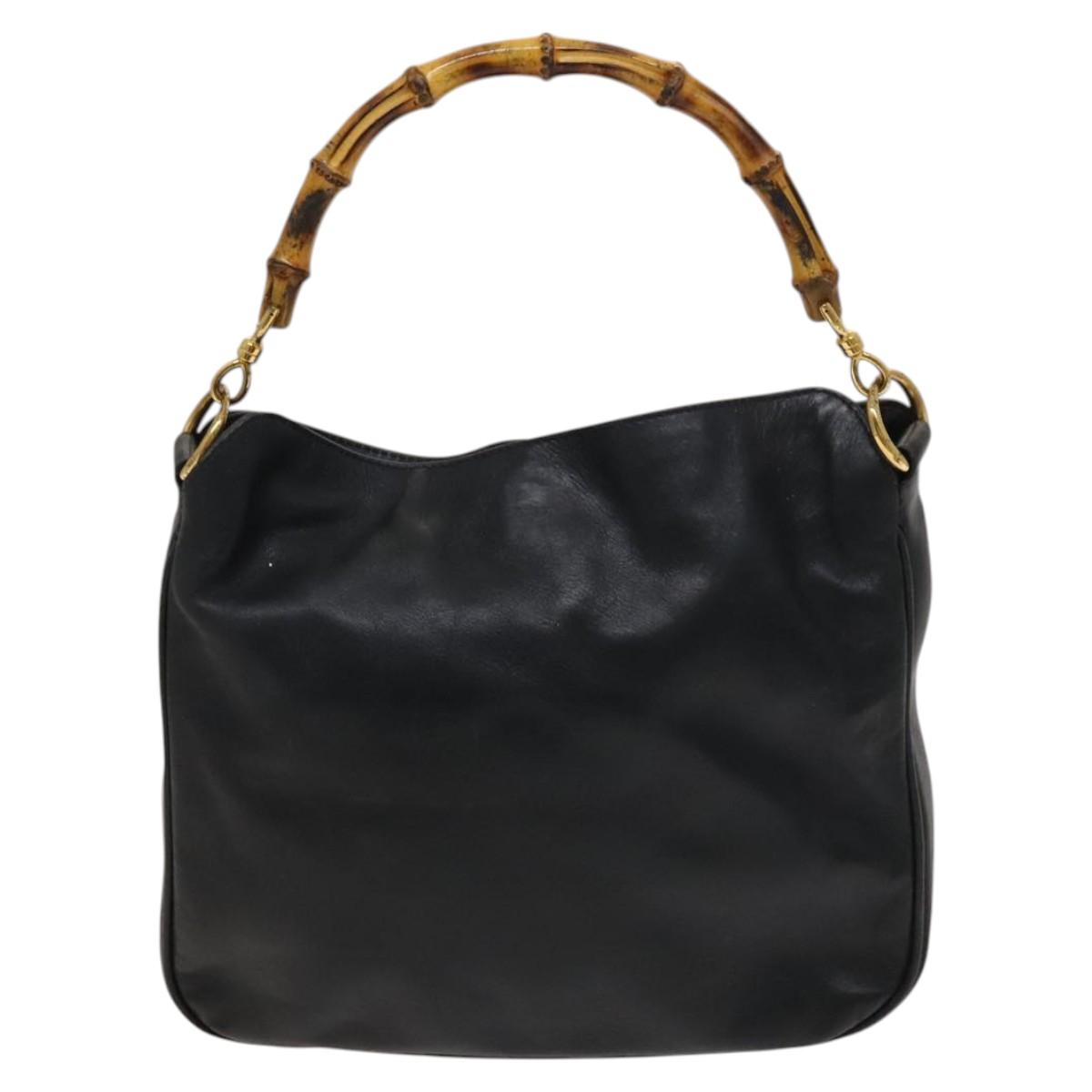 GUCCI Bamboo Hand Bag Leather 2way Black Gold Auth ep8885