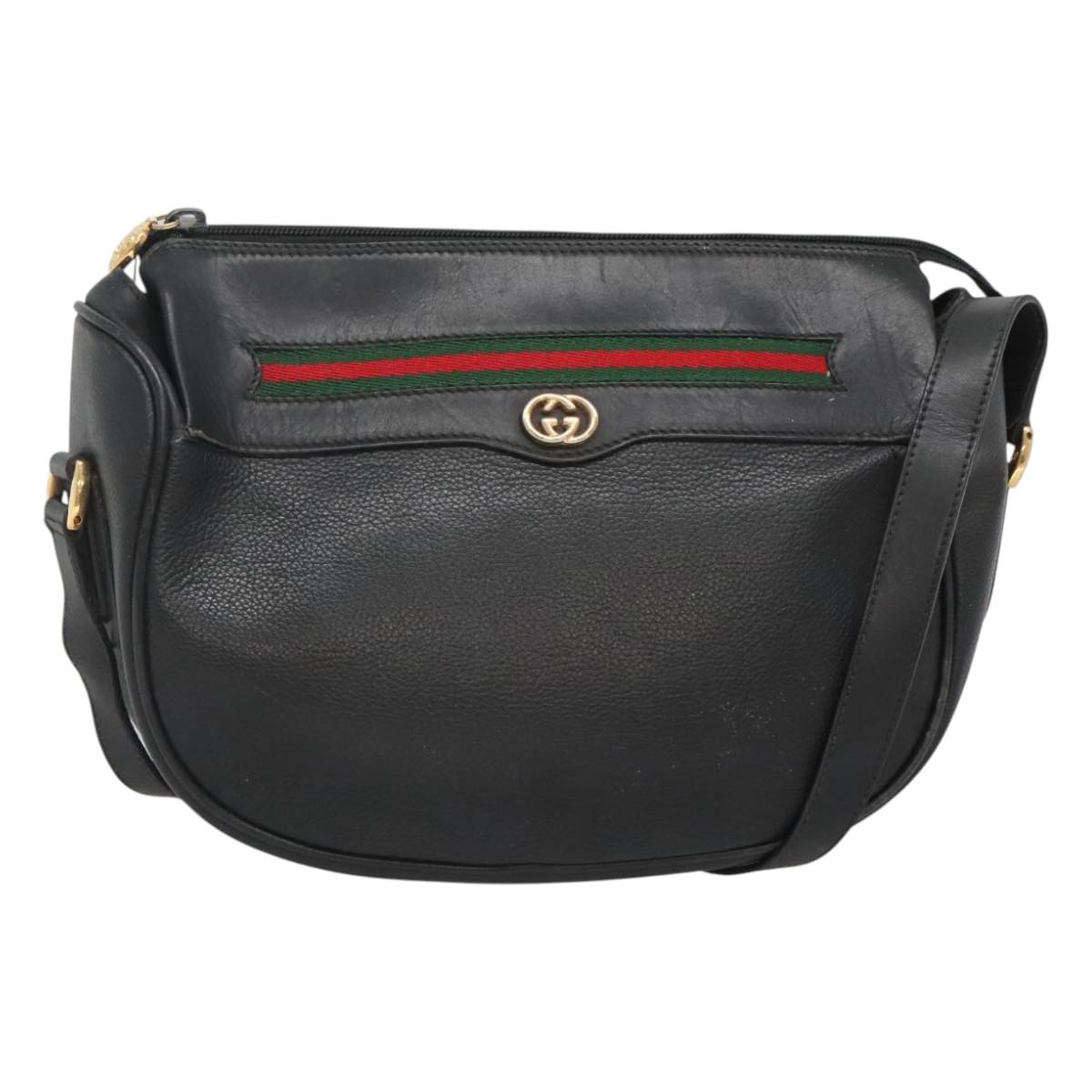 GUCCI Web Sherry Line Shoulder Bag Leather Black Gold 001 104 0918 Auth ep8999