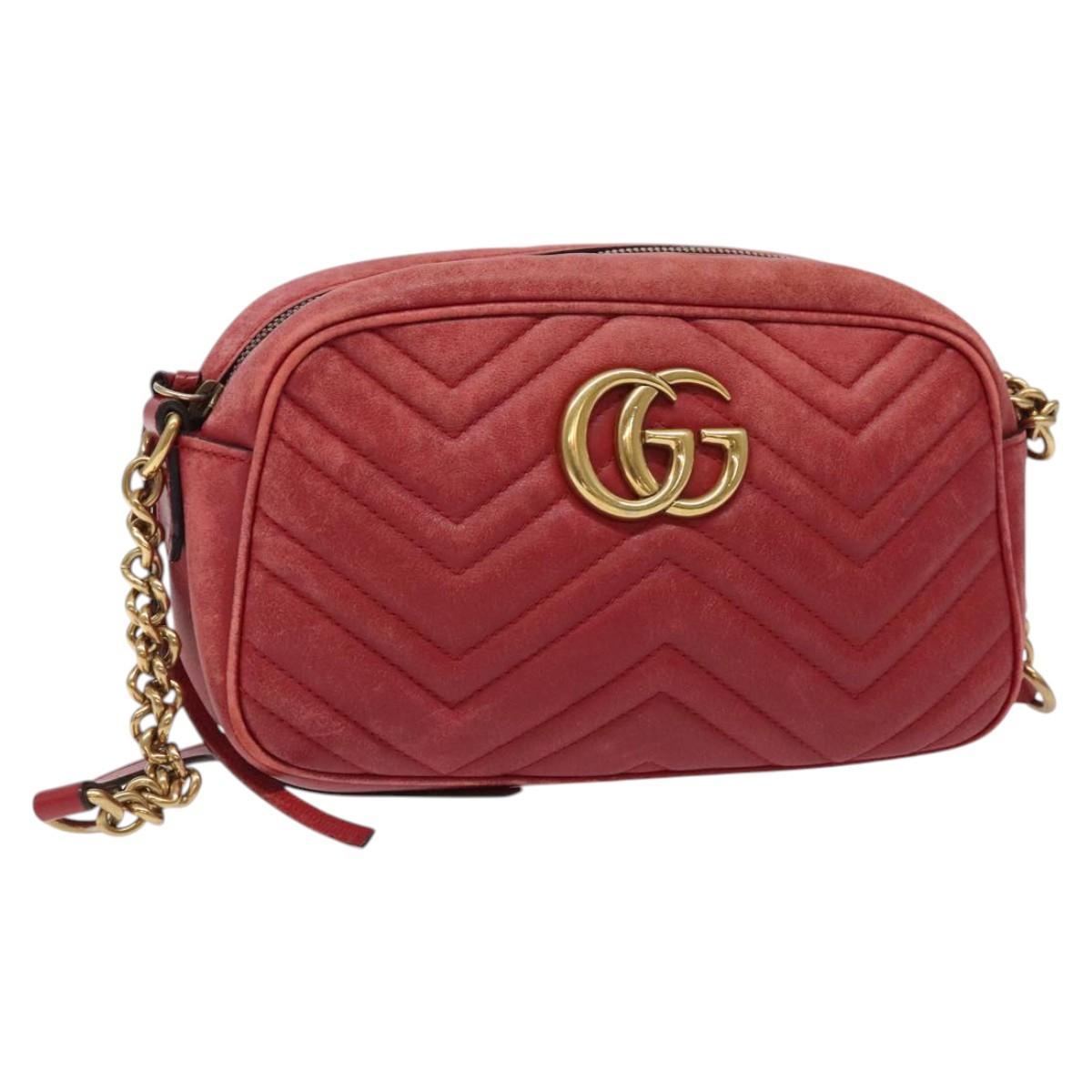 GUCCI GG Marmont Chain Shoulder Bag Leather Red Gold 447632 Auth ep9033