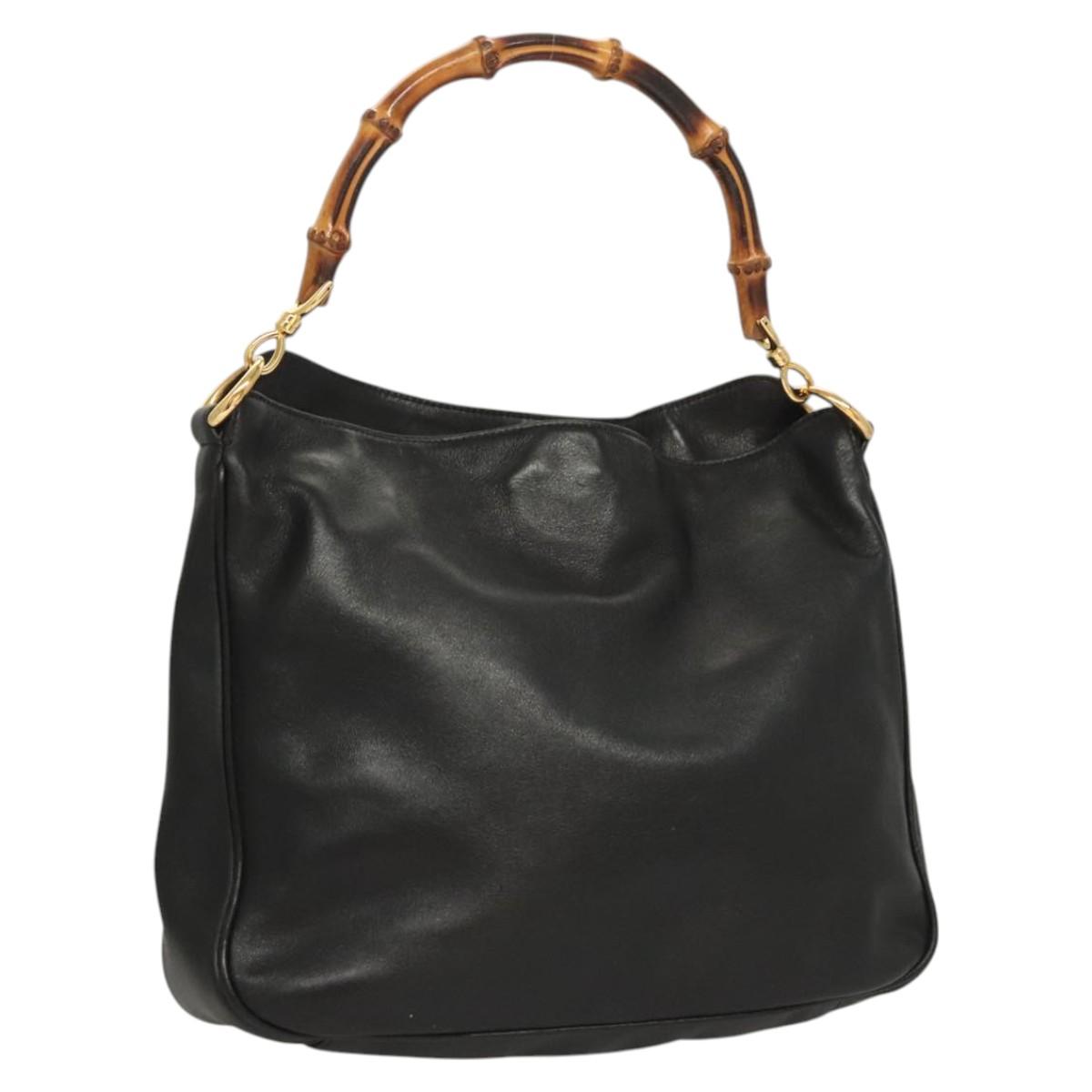 GUCCI Bamboo Hand Bag Leather Black Gold 001 0166 Auth ep9050