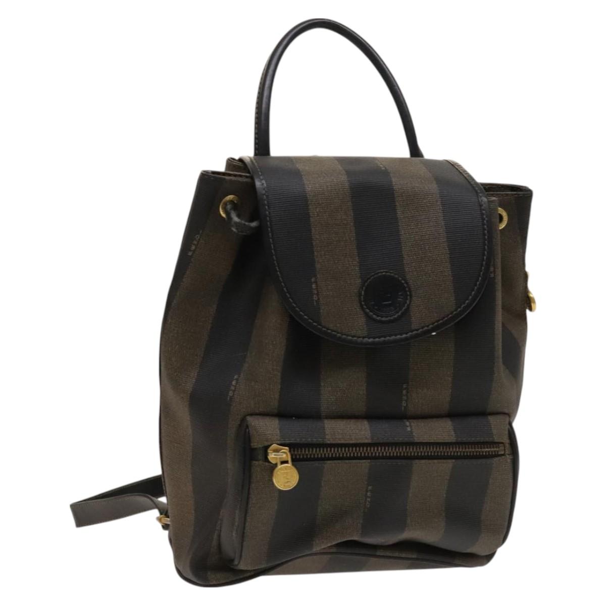 FENDI Pecan Canvas Backpack PVC Brown Black gold Auth ep9067
