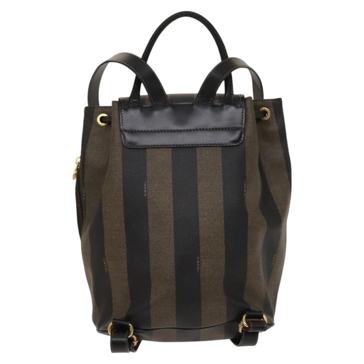 FENDI Pecan Canvas Backpack PVC Brown Black gold Auth ep9067