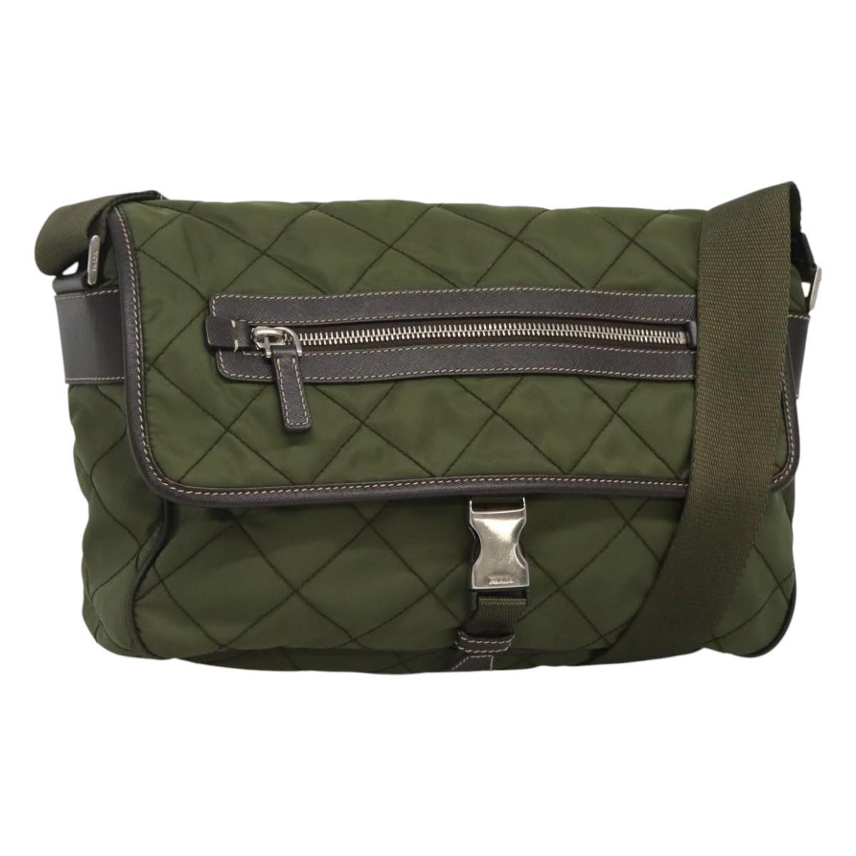PRADA Shoulder Bag Nylon Khaki Silver Auth ep9159