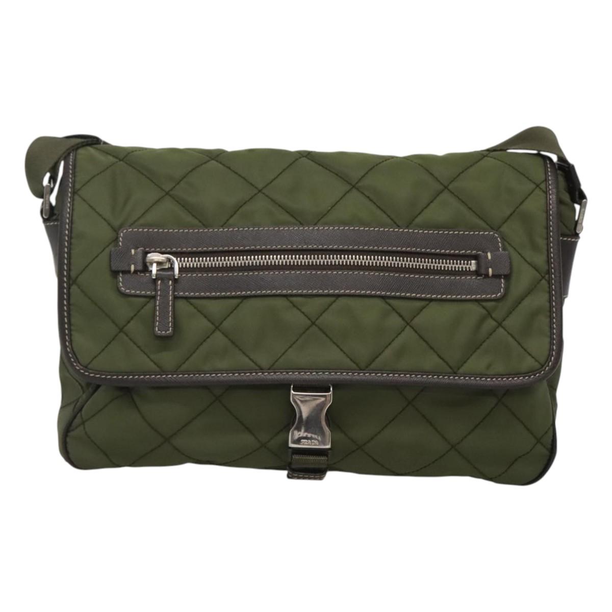 PRADA Shoulder Bag Nylon Khaki Silver Auth ep9159