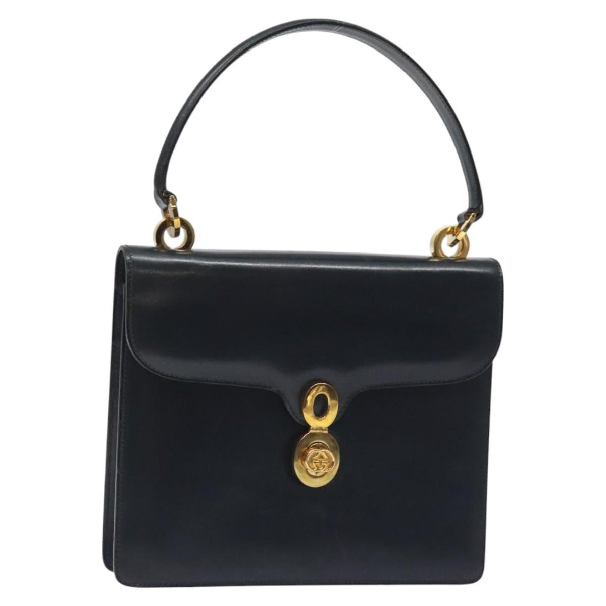 GUCCI Hand Bag Leather Navy Gold Auth ep9190