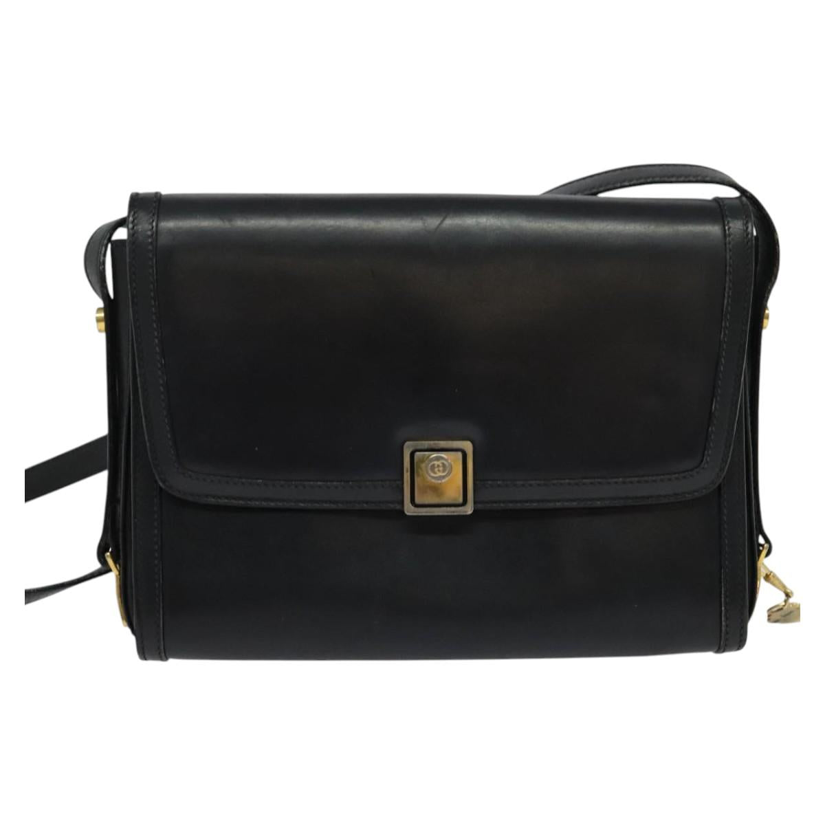 GUCCI Shoulder Bag Leather Black Gold Auth ep9209